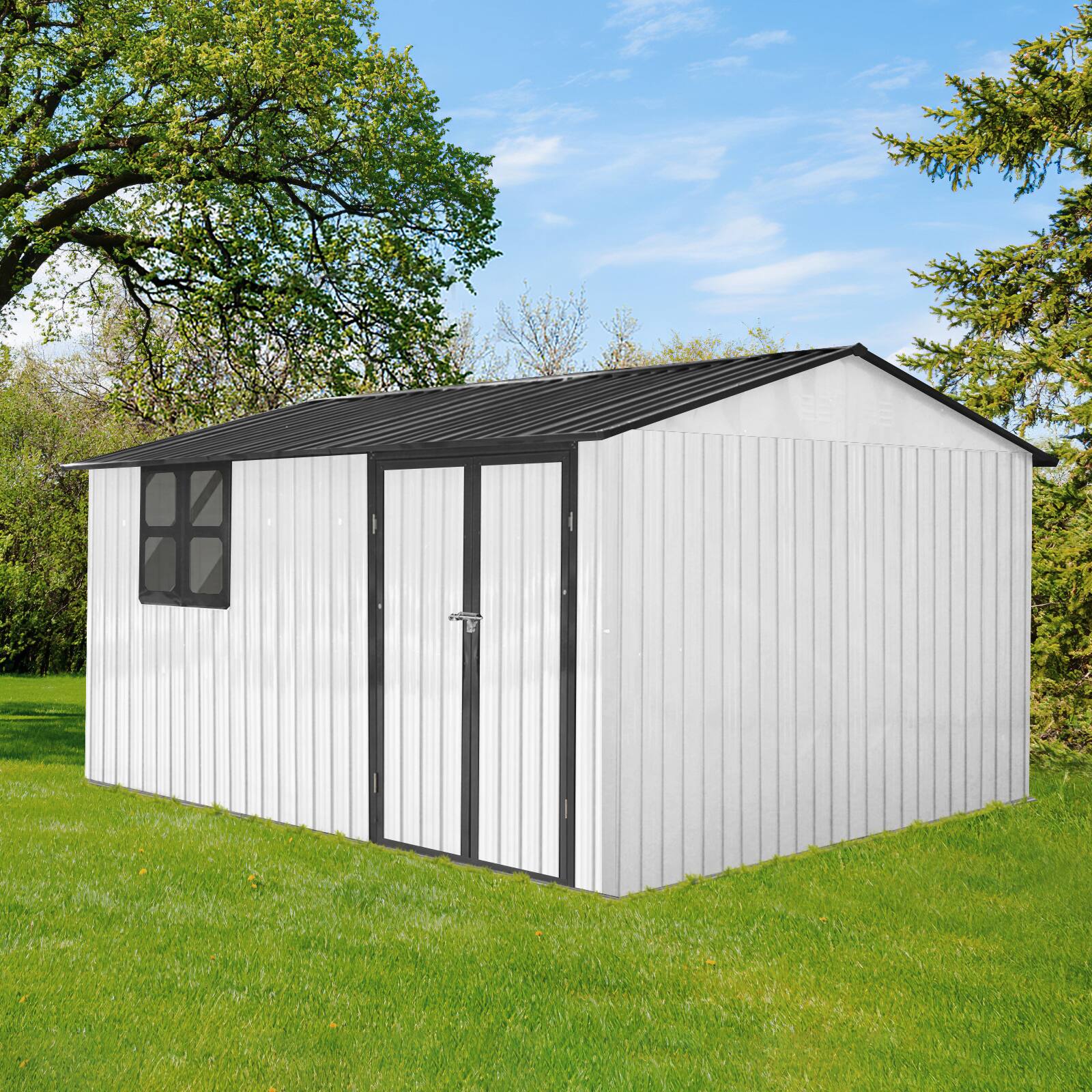 Left. Mondawe - 12x10 Ft Metal Garden Sheds with Window - White+Black.