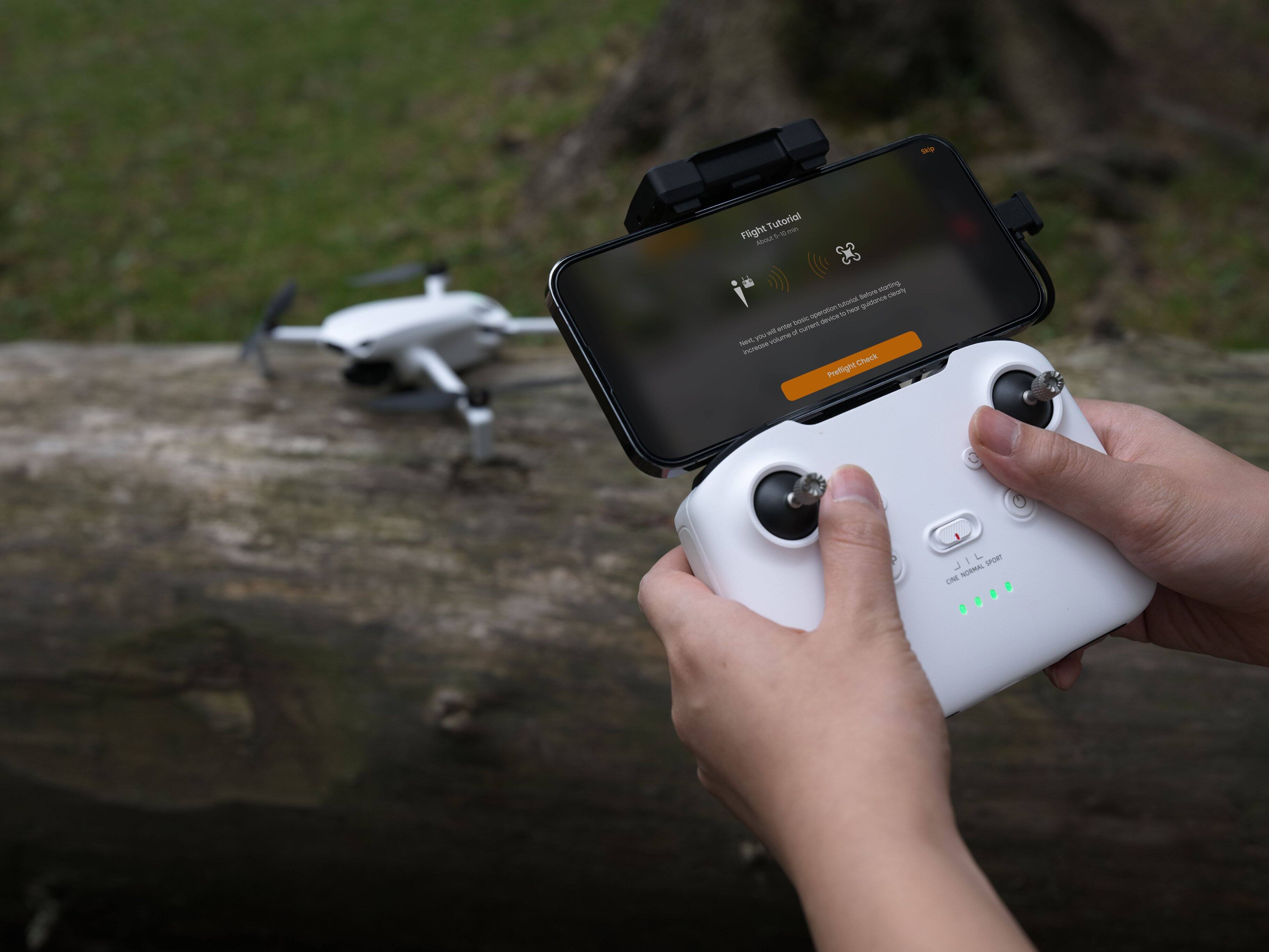 Flight Tutorial  
About: 20 sec  
Before starting the flight, you will learn how to operate the drone.  
Follow the instructions on the screen.  
Preflight Check  

SPORT  
NORMAL  
ONE