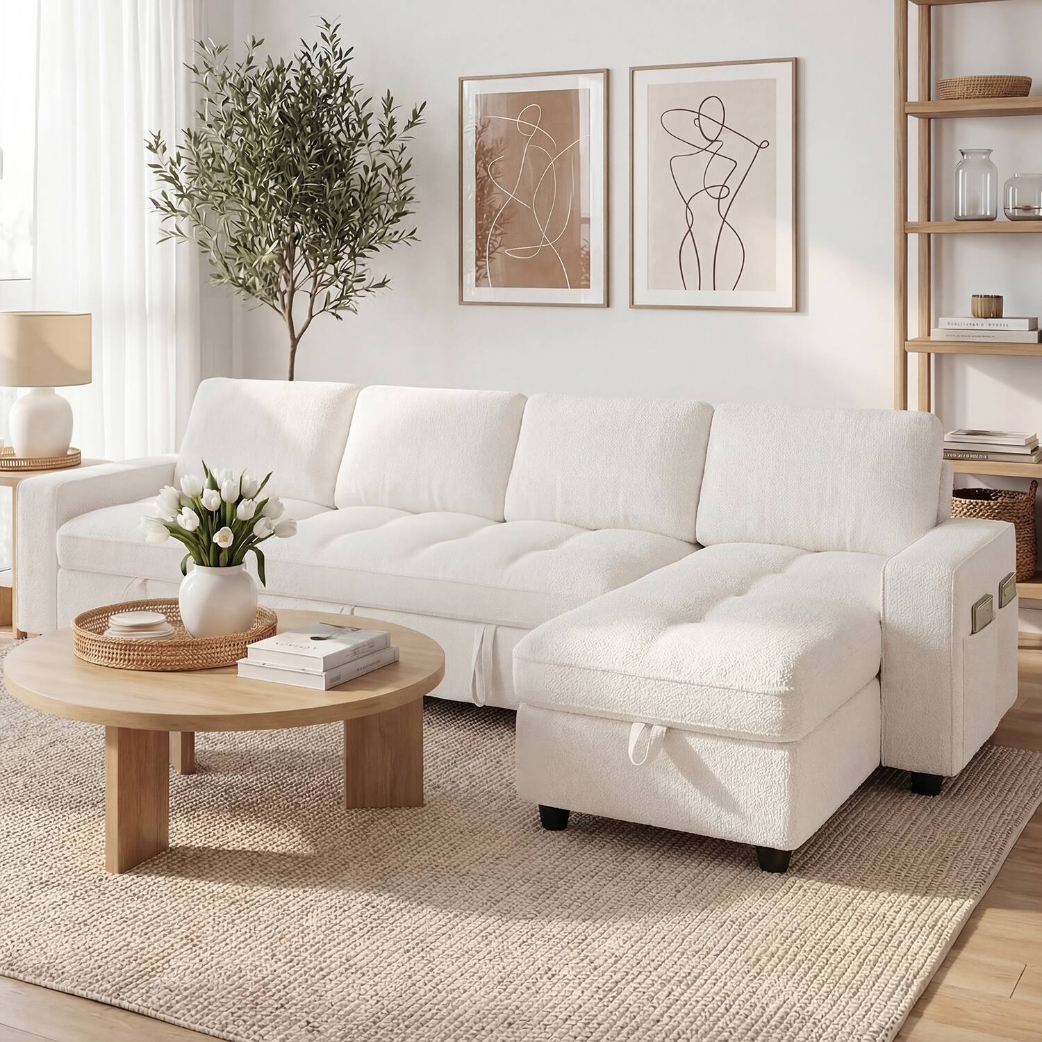 Back. Dyonery - Dyonery 104" U-Shaped Sleeper Sofa Bed with Pull-Out, Storage Chaise, 5-Position Backrest & USB Ports, Chenille Beige - Chenille + Beige.