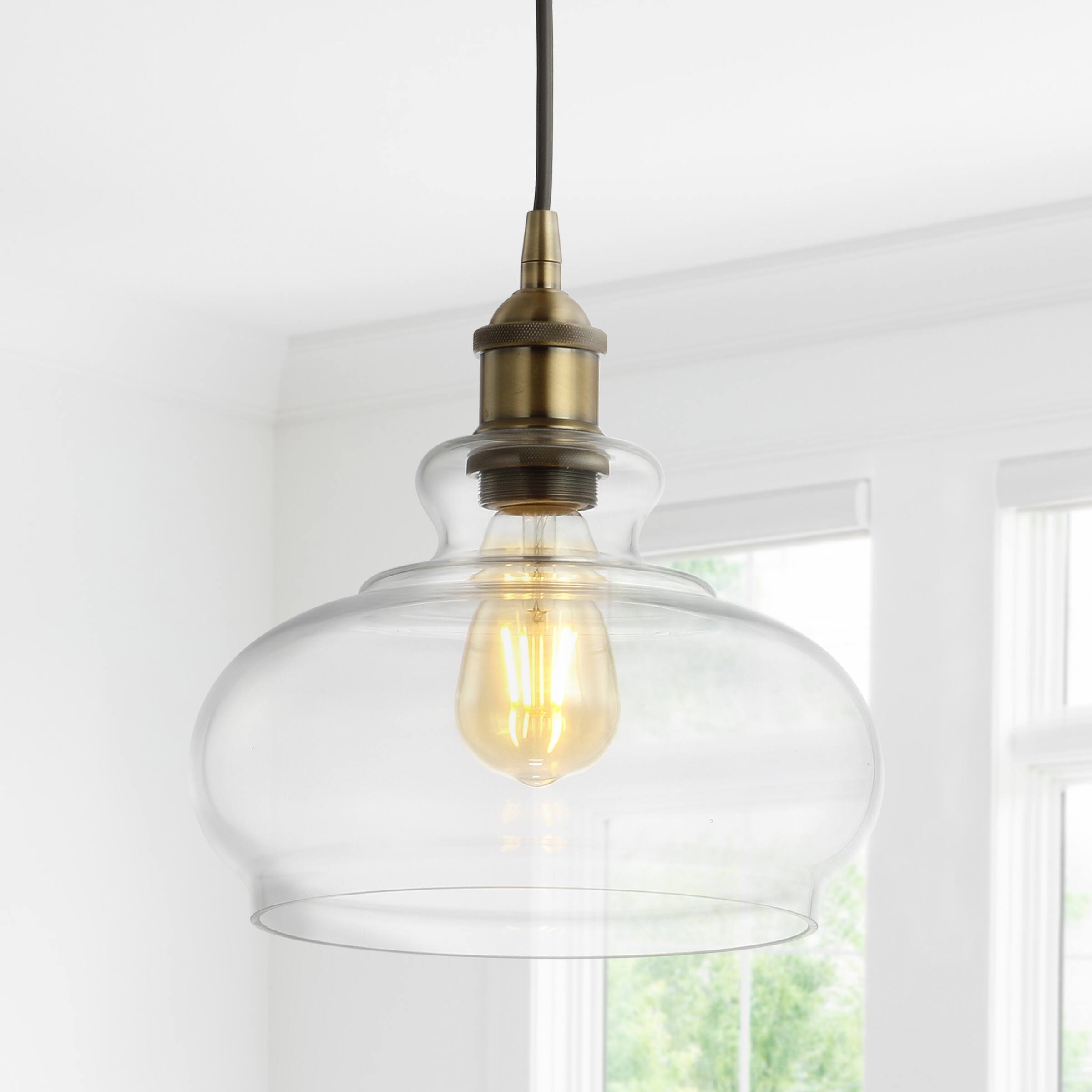 Alt View 1. Jonathan Y - Wyatt 9.5" Adjustable Drop Pharmacy Metal/Glass LED Pendant, Brass Gold - Brass Gold.