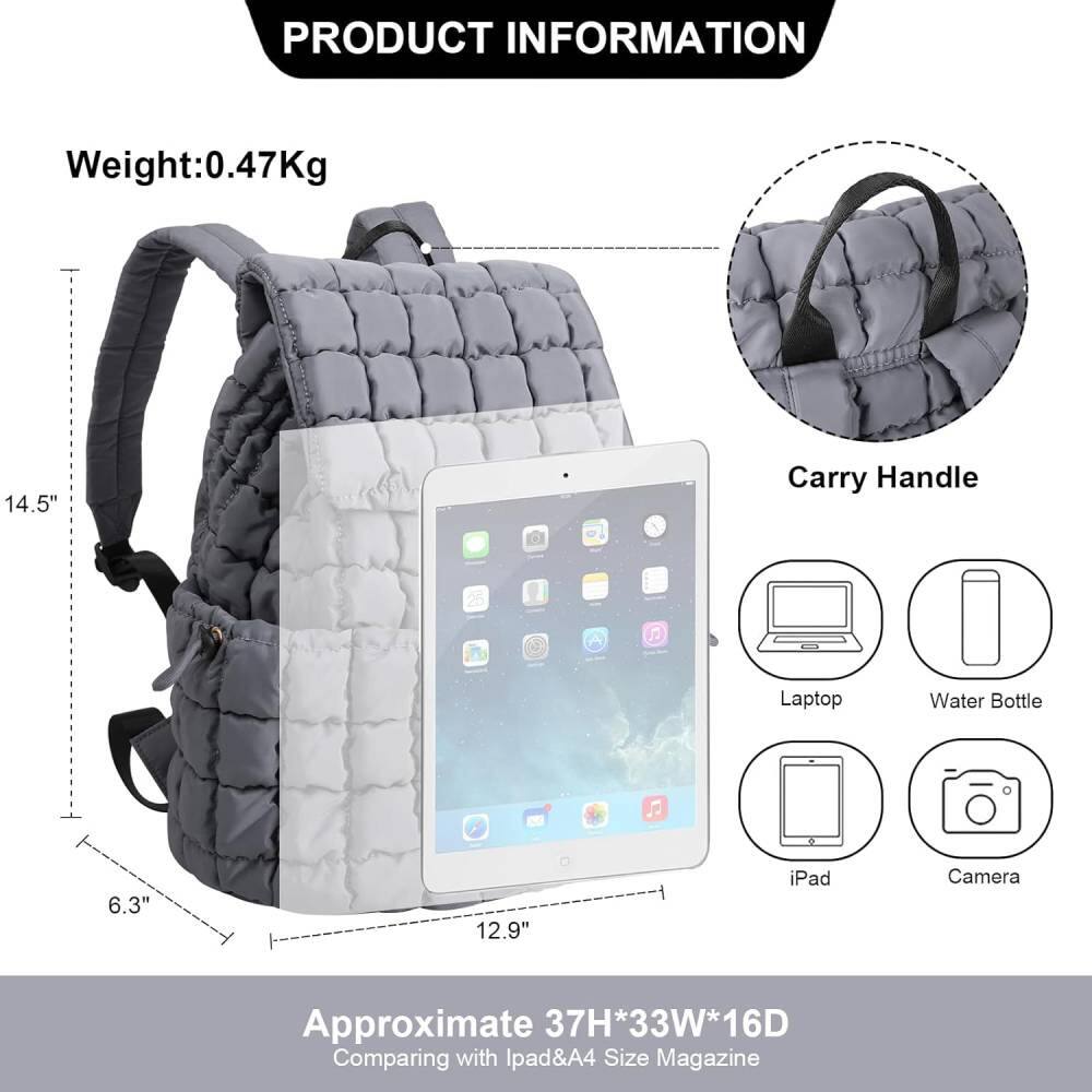 **PRODUCT INFORMATION**

- Weight: 0.47Kg
- 14.5"
- 6.3"
- 12.9"
- Approximate 37H*33W*16D
- Comparing with iPad & A4 Size Magazine

**Features:**
- Carry Handle
- Laptop
- Water Bottle
- iPad
- Camera