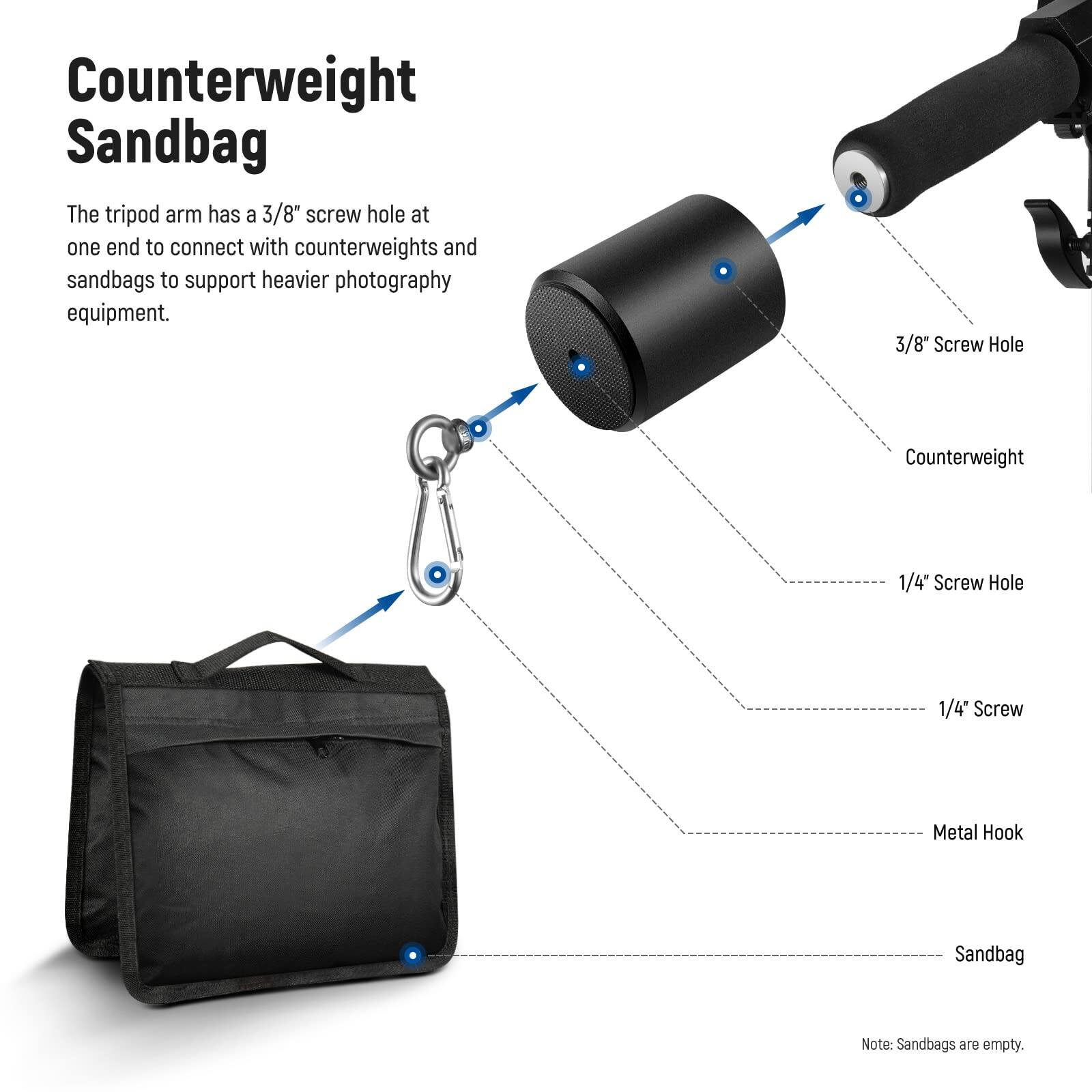 Counterweight Sandbag

The tripod arm has a 3/8" screw hole at one end to connect with counterweights and sandbags to support heavier photography equipment.

- 3/8" Screw Hole
- Counterweight
- 1/4" Screw Hole
- 1/4" Screw
- Metal Hook
- Sandbag

Note: Sandbags are empty.