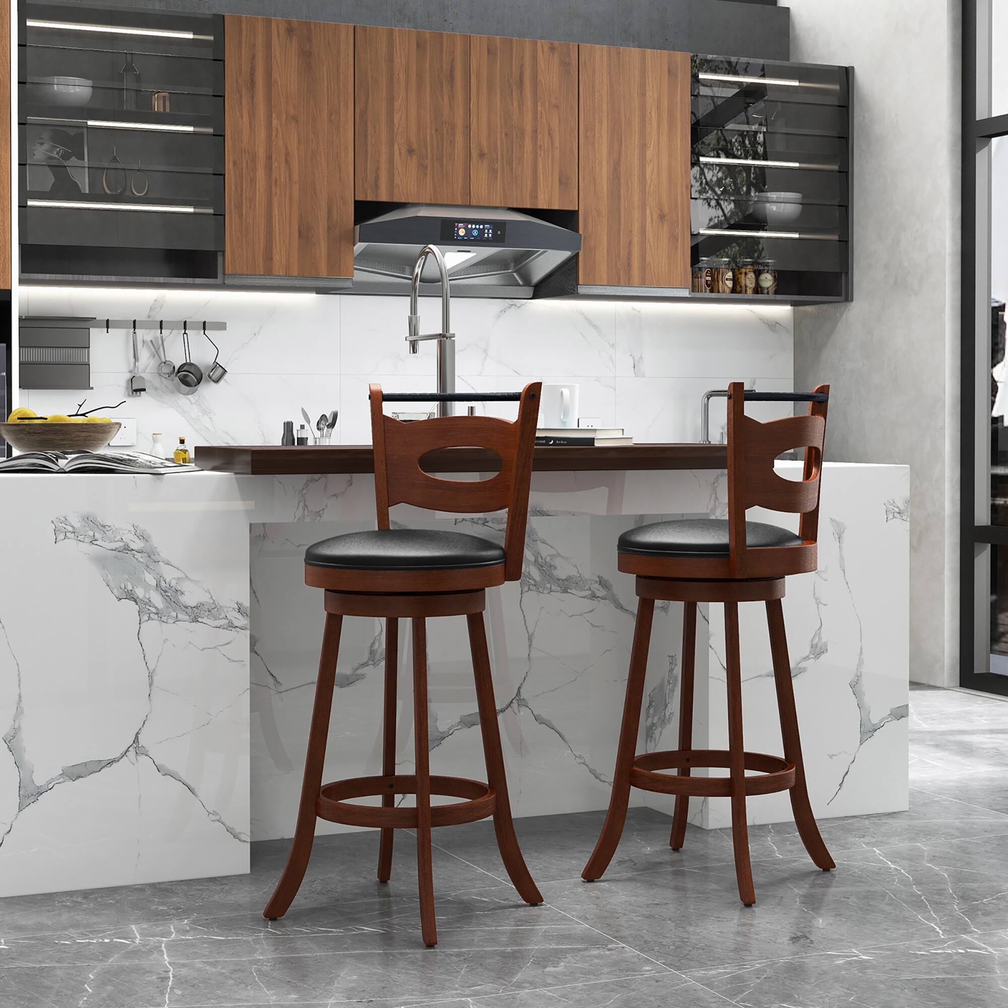 Alt View 2. Costway - Set of 2 Bar Stools 360° Swivel Dining Chairs Solid Rubber Wood Leather Padded - Black/Brown.