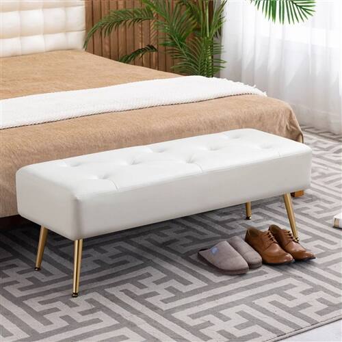 Back. SlickBlue - Modern Bedroom Ottoman Bench – PU Leather Upholstery with Gold Metal Legs - White.