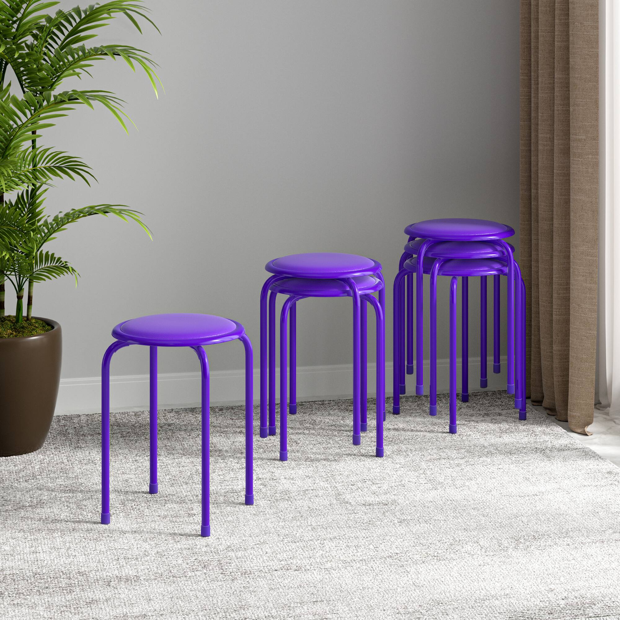 Alt View 6. Vecelo - 6-Pack Steel Stack Stools, Portable Stackable Backless School Stools with Pu Leather, Round Classroom Decoration Stools - Purple.
