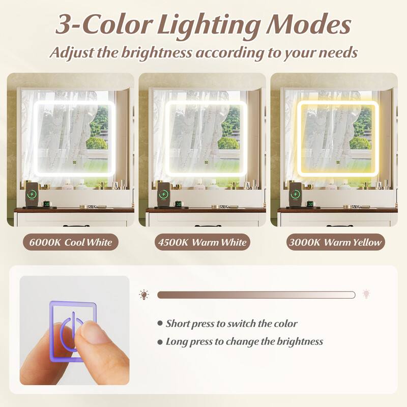 3-Color Lighting Modes  
Adjust the brightness according to your needs

6000K Cool White  
4500K Warm White  
3000K Warm Yellow

Short press to switch the color  
Long press to change the brightness
