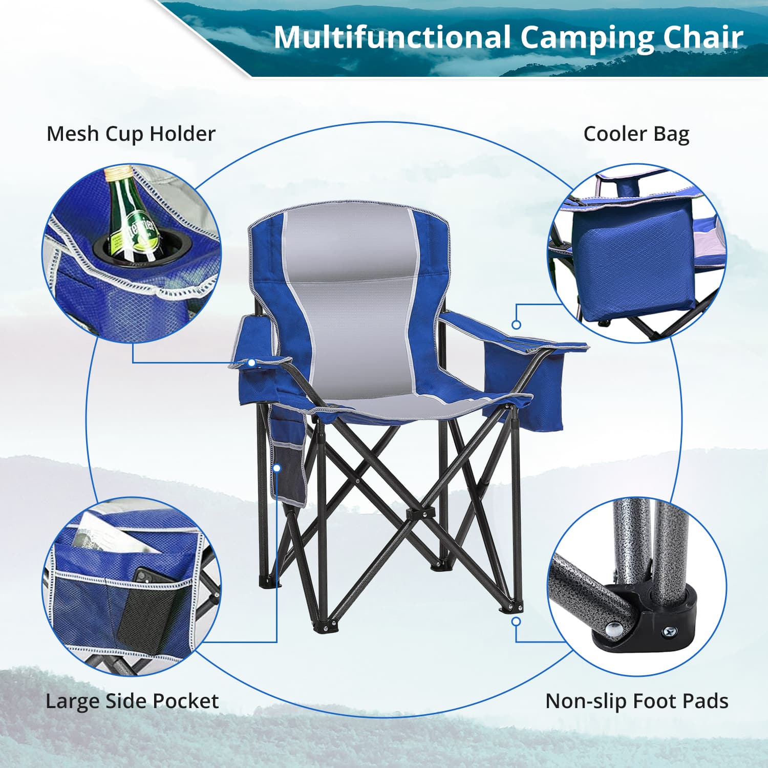 Multifunctional Camping Chair: Mesh Cup Holder, Cooler Bag, Large Side Pocket, Non-slip Foot Pads