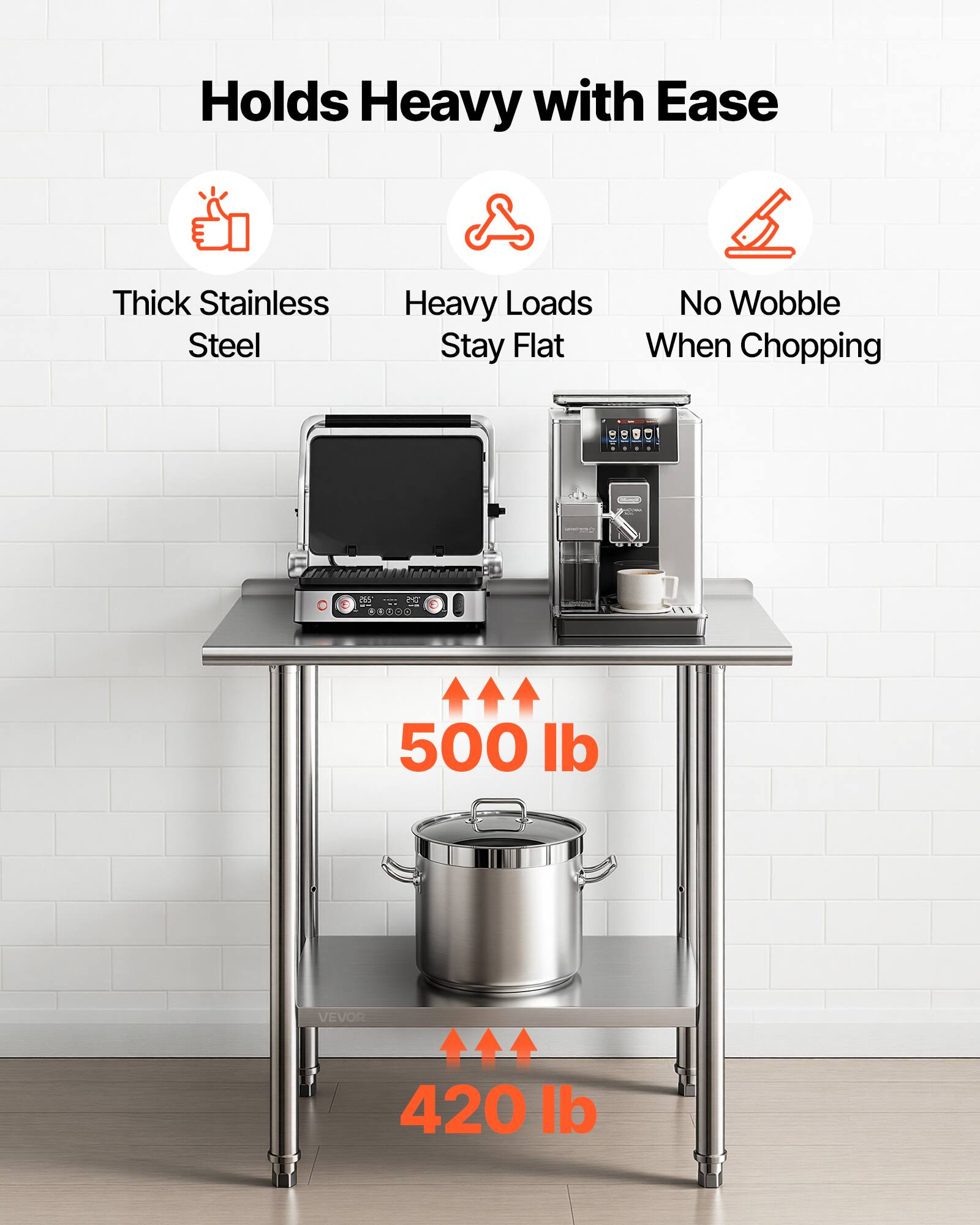 Holds Heavy with Ease  
Thick Stainless Steel  
Heavy Loads Stay Flat  
No Wobble When Chopping  

500 lb  
420 lb