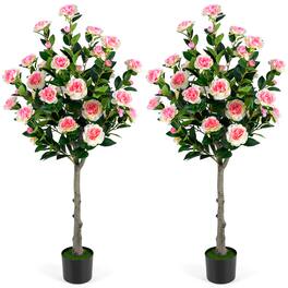 Costway - 2 PCS 50.5" Artificial Camellia Tree with 27 Camellia Blossoms in Cement-Filled Pot - Pink & Green & Black