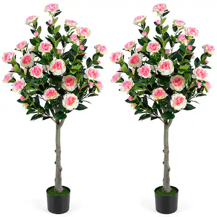 Front. Costway - Costway 2 PCS 50.5" Artificial Camellia Tree with 27 Camellia Blossoms in Cement-Filled Pot - Pink & Green & Black.