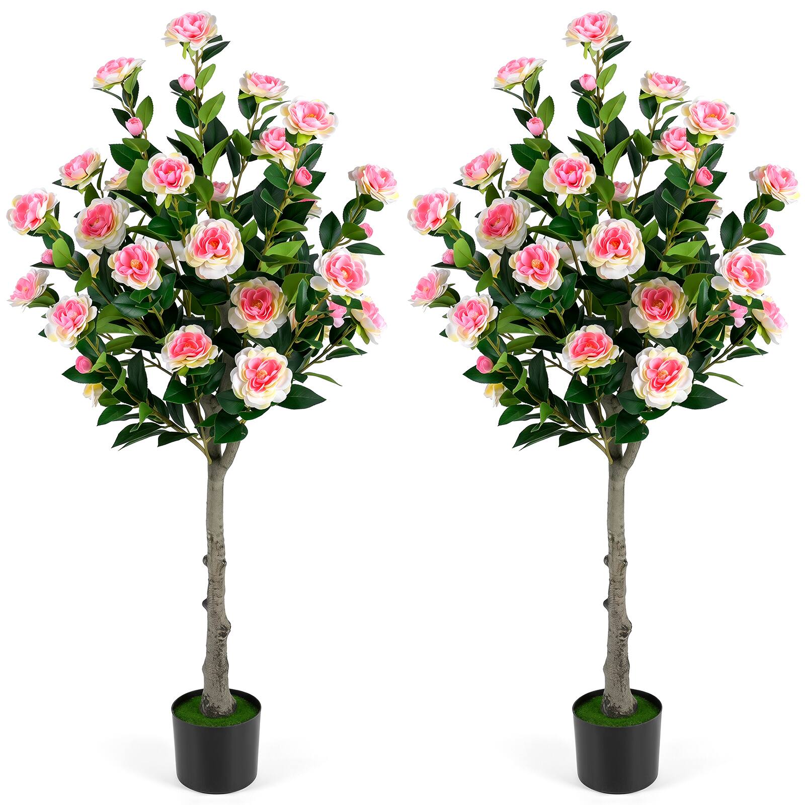 Front. Costway - Costway 2 PCS 50.5" Artificial Camellia Tree with 27 Camellia Blossoms in Cement-Filled Pot - Pink & Green & Black.