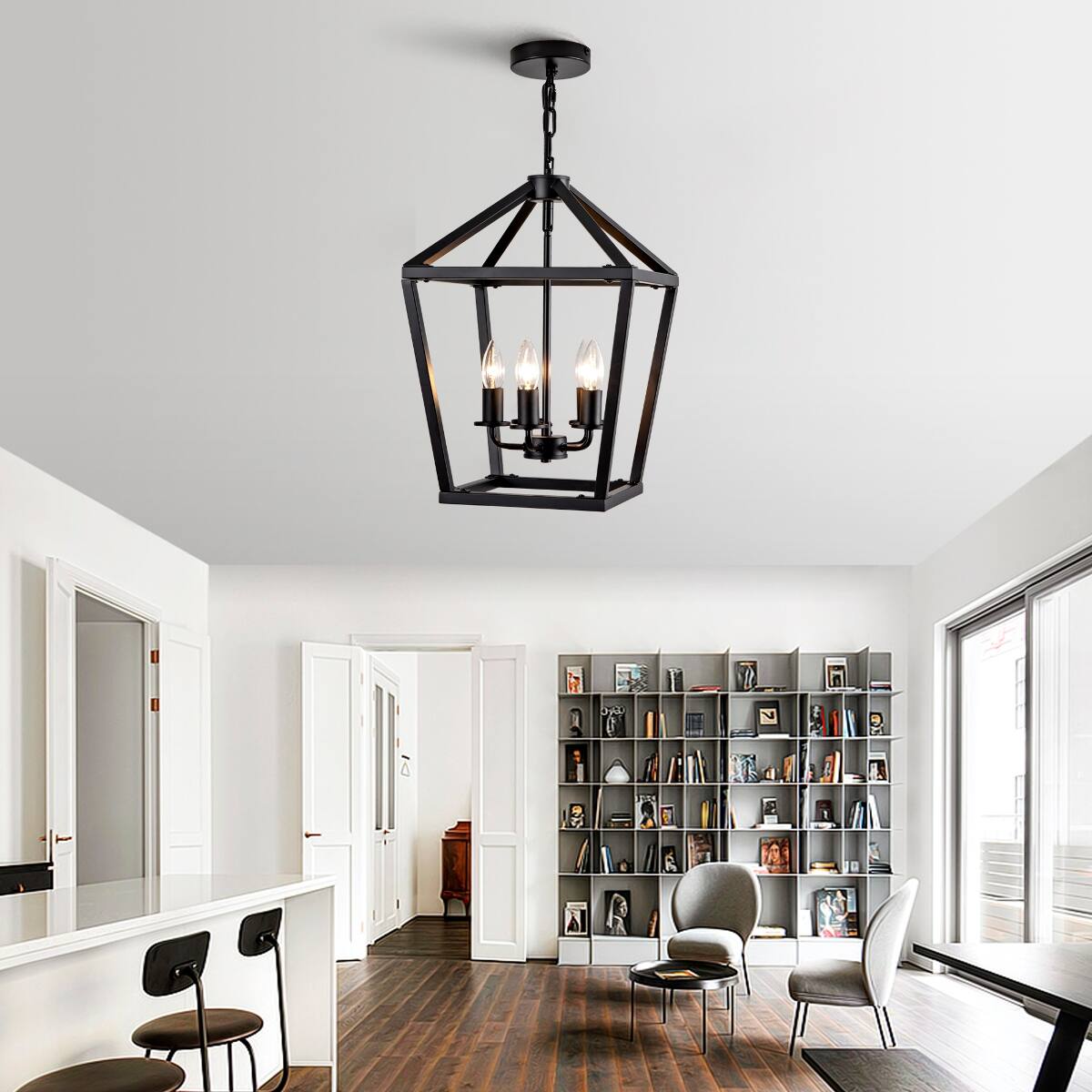 Alt View 9. Loheer - Loheer 5 Light Farmhouse Lantern Chandelier, Matte Black Open Cage for Dining Room.