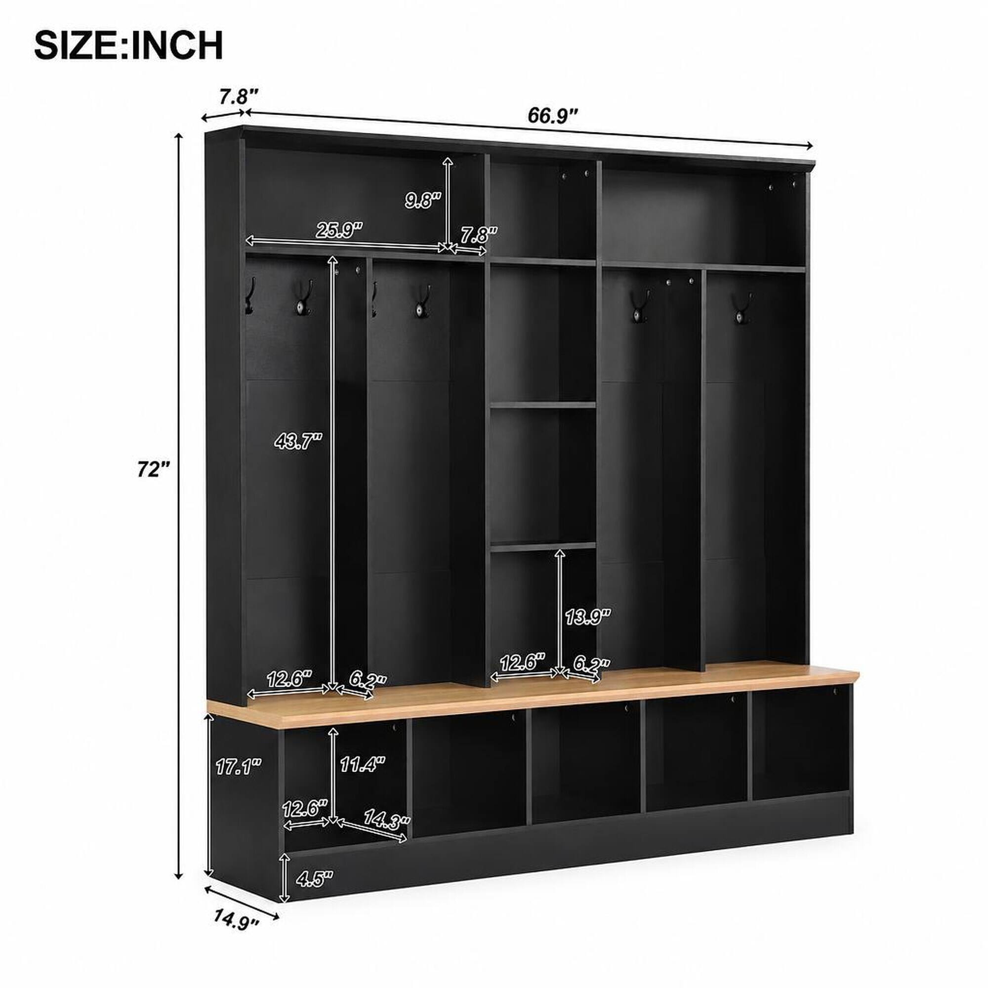 SIZE: INCH

7.8"
66.9"
25.9"
9.8" 7.8"
72"
43.7"
13.9"
12.6"
6.2"
12.6" 6.2"
17.1"
11.4"
12.6", 14.3"
14.9"
4.5"