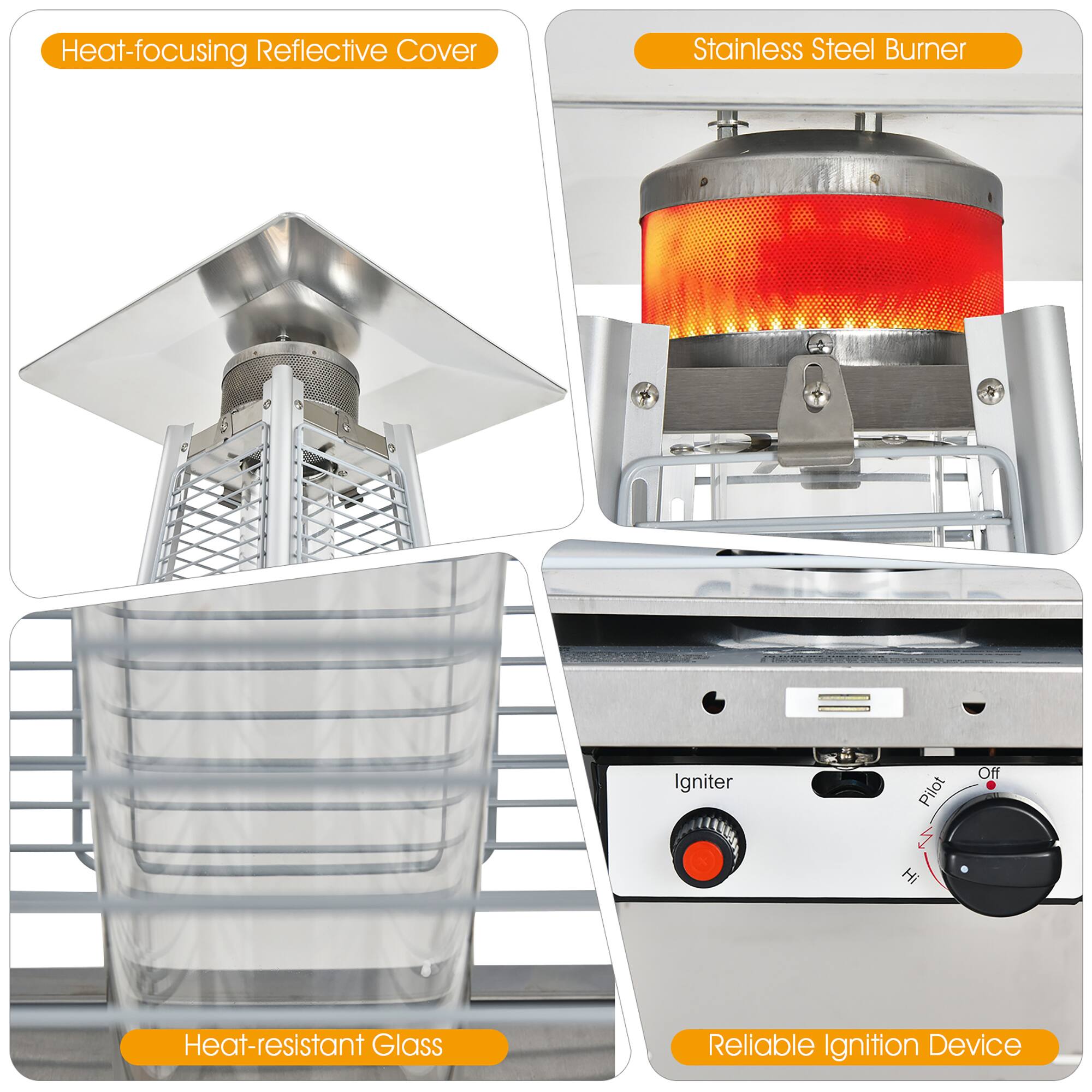 - Heat-focusing Reflective Cover
- Stainless Steel Burner
- Heat-resistant Glass
- Reliable Ignition Device