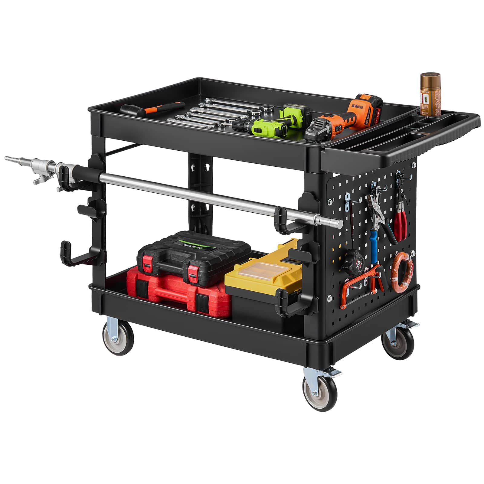 VEVOR - Utility Cart, 550 lbs Capacity, 2 Tier Service Cart with 360° Swivel & Fixed Wheels (2 with Brakes) - Black