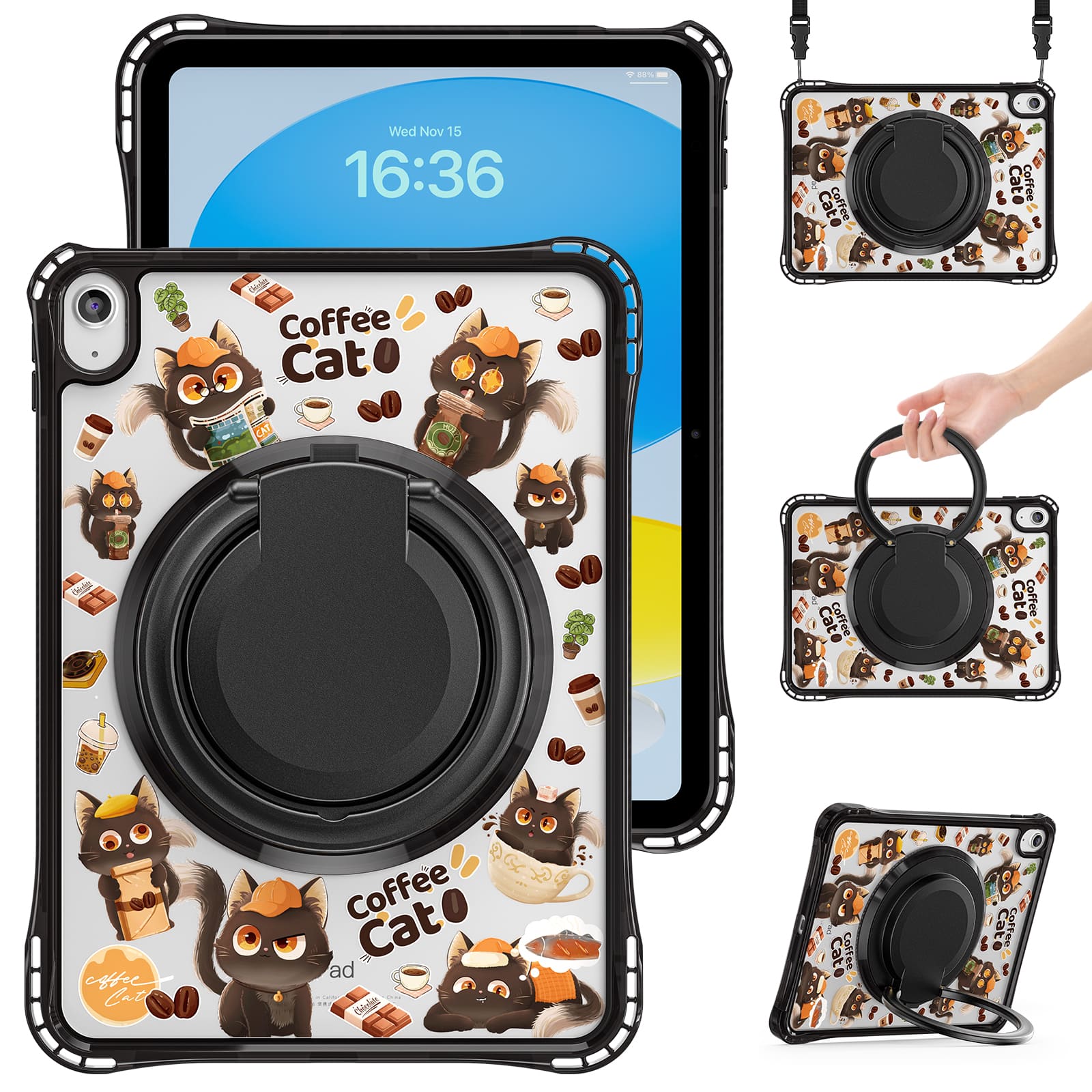 Dteck - for Apple iPad (A16) 11" 2025 & iPad 10th Gen 2022 Rugged Case,Shockproof Clear Cover with Rotating Stand+Shoulder Strap - Cat