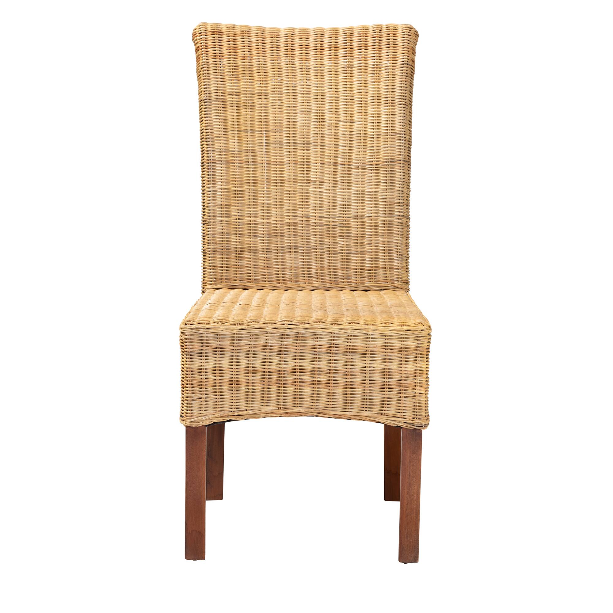 Angle. bali & pari - Shamara Modern Bohemian Natural Rattan and Mahogany Wood Dining Chair - Natural Brown/Walnut Brown.
