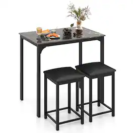 Gymax - 3 PCS Counter Height Dining Set Faux Marble Table & 2 Chairs Kitchen Bar New - Black