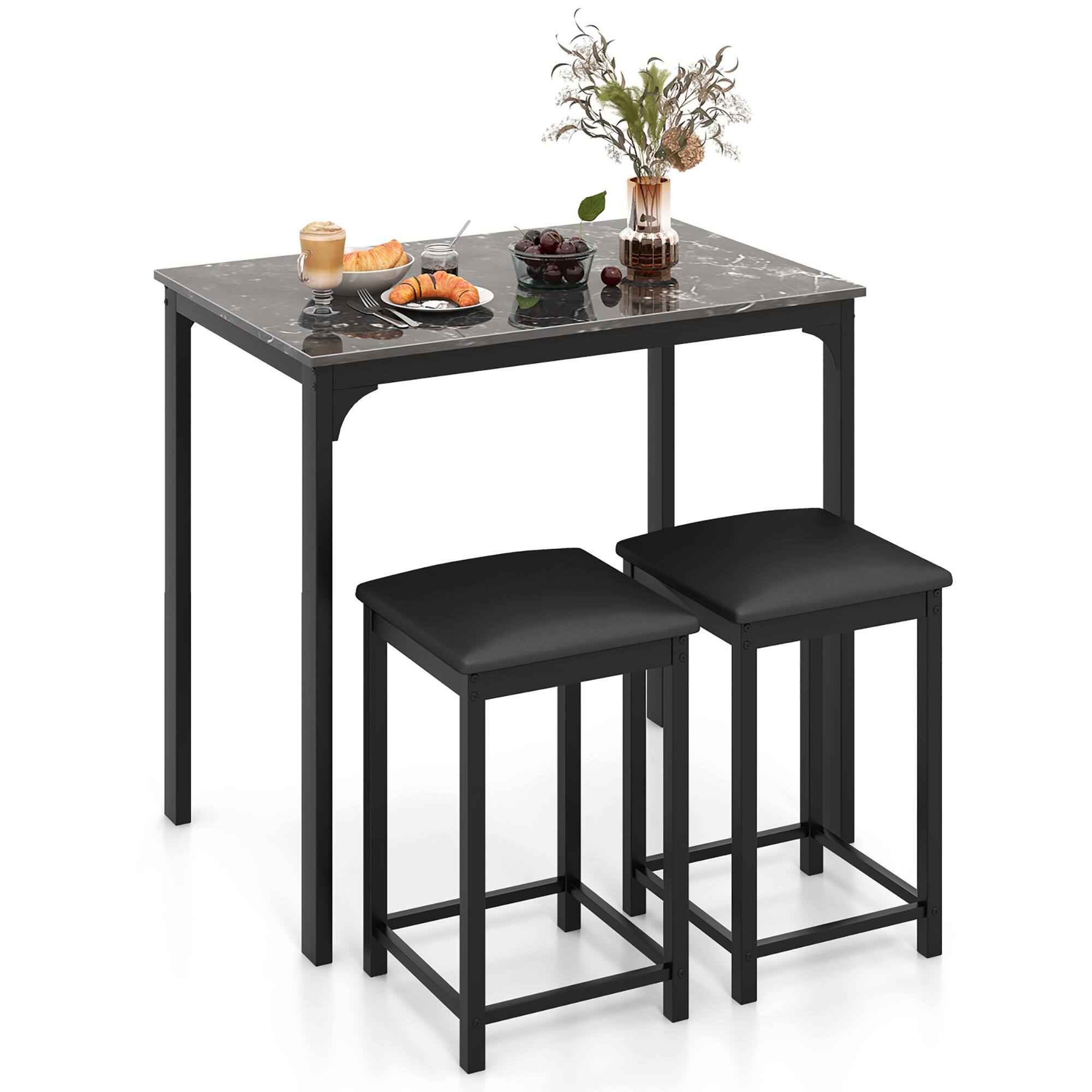 Gymax - 3 PCS Counter Height Dining Set Faux Marble Table & 2 Chairs Kitchen Bar New - Black