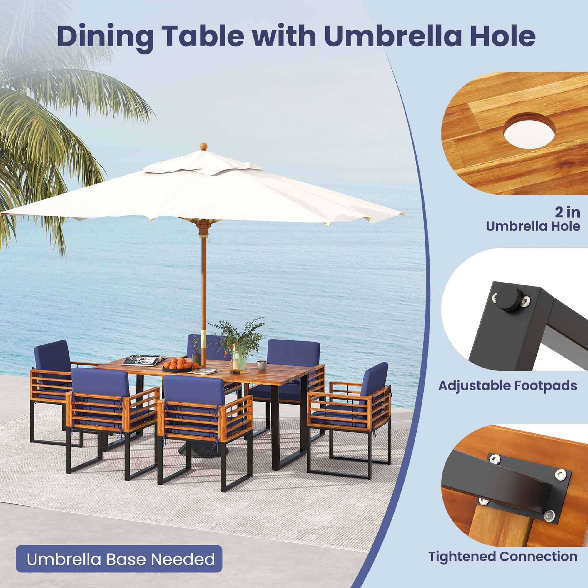 Dining Table with Umbrella Hole

- 2 in Umbrella Hole
- Adjustable Footpads
- Tightened Connection
- Umbrella Base Needed