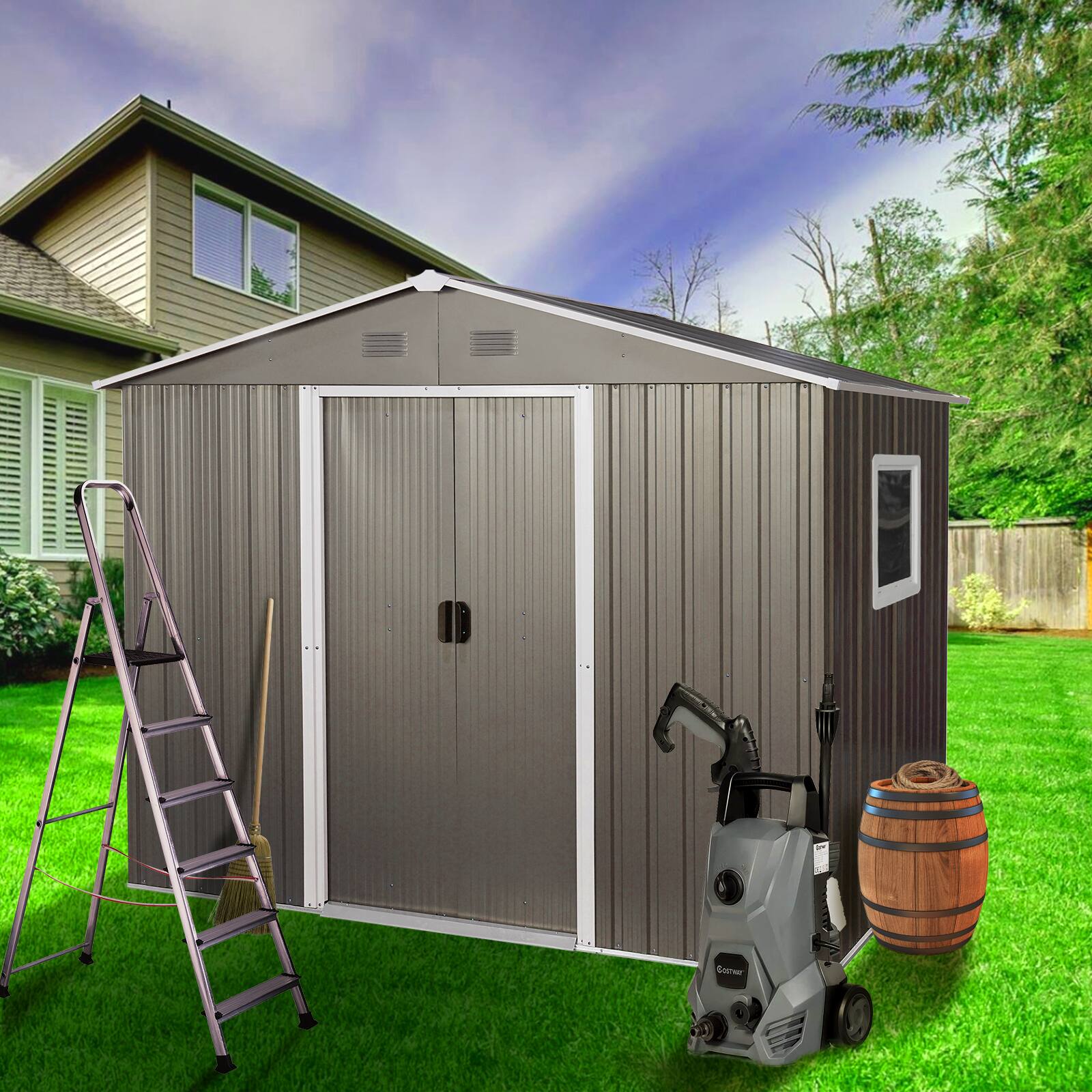 Left. Mondawe - 6ft x 8ft Outdoor Metal Storage Shed with Window - Grey.