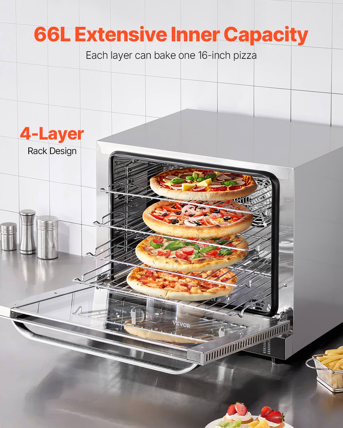 66L Extensive Inner Capacity, Each layer can bake one 16-inch pizza, 4-Layer Rack Design, TIMER MIN, VEVOR