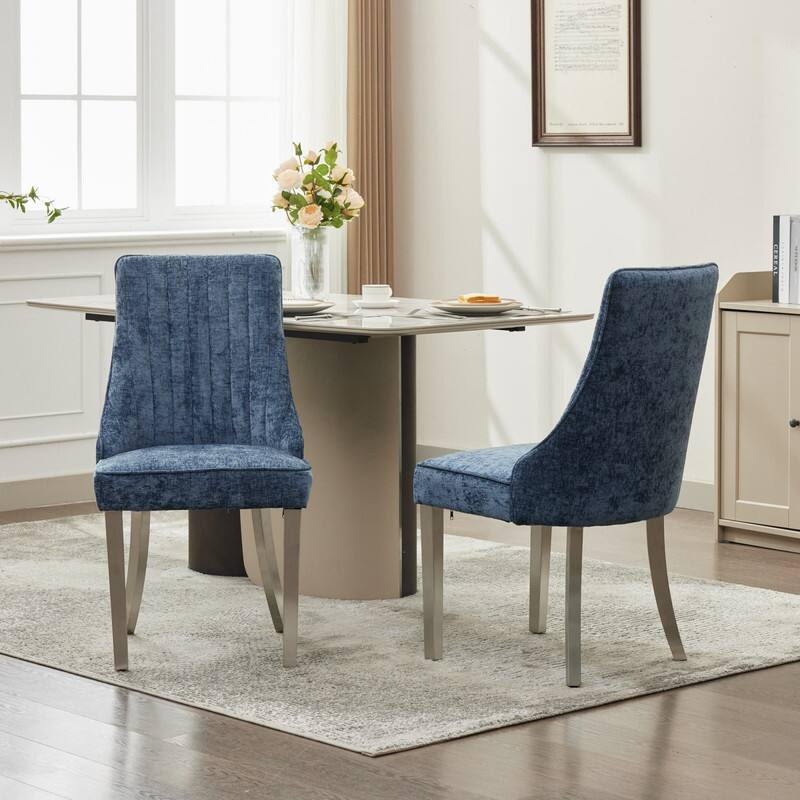 Alt View 4. HTUTWOO - Chenille Dining Chairs with Back & Curved Solid Wood Legs, Set of 2 for Dining Room, Kitchen, Home Use for Families - Blue.