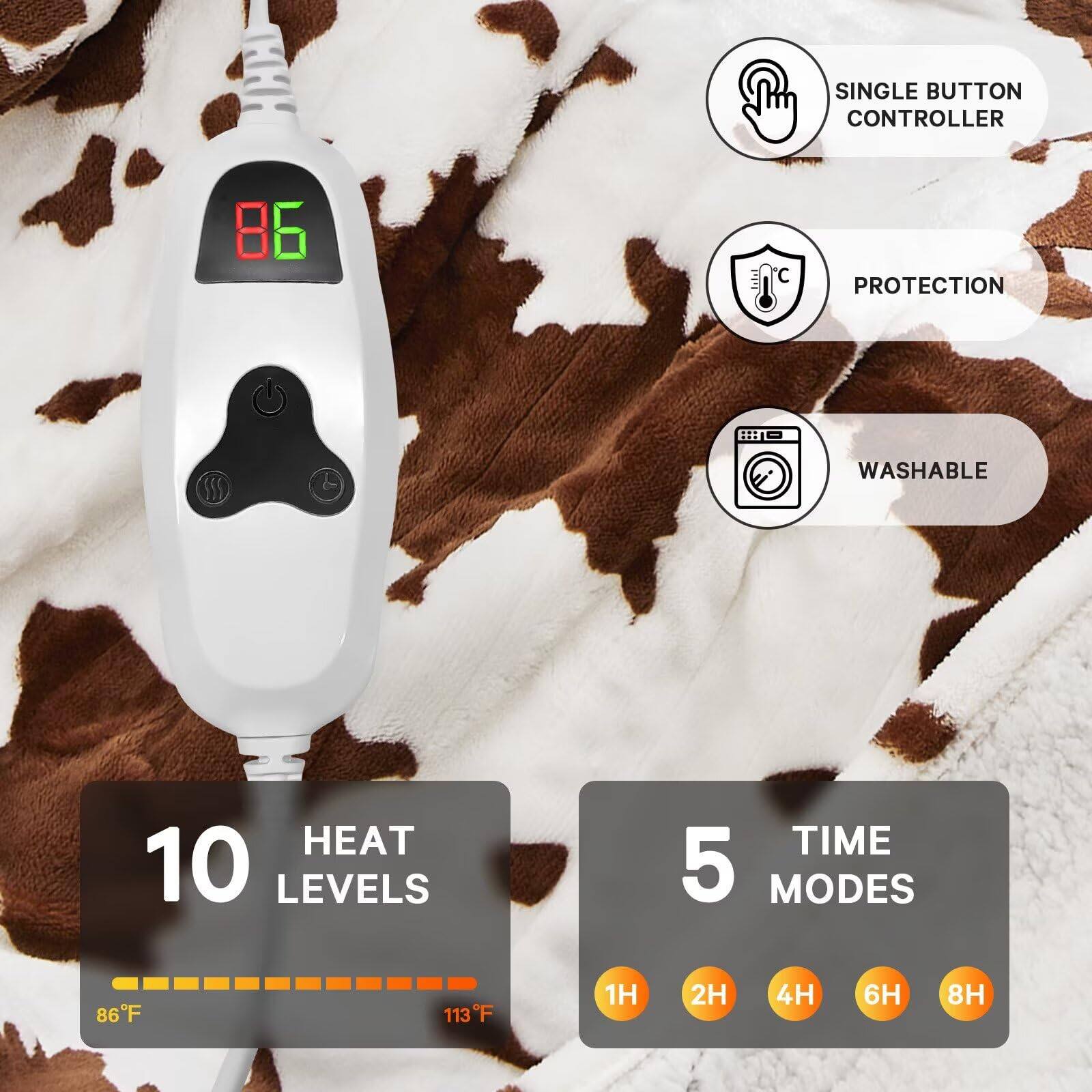 - Single Button Controller
- Protection
- Washable
- 10 Heat Levels (86°F to 113°F)
- 5 Time Modes (1H, 2H, 4H, 6H, 8H)