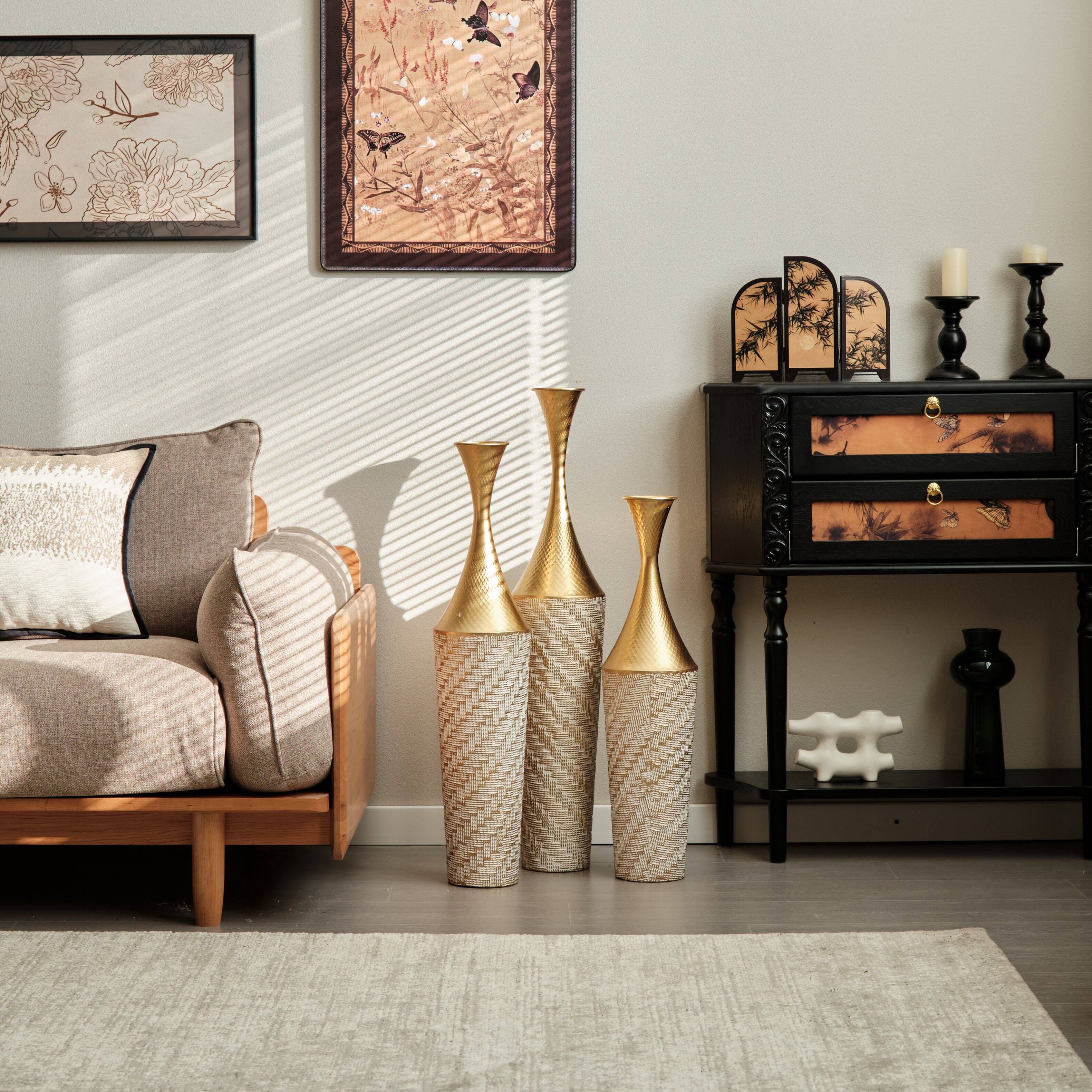 Angle. Anysun - Modern Woven Pattern Metal Floor Vase 3-Piece Set - Glazed Finish for Home Decoration - Gold.