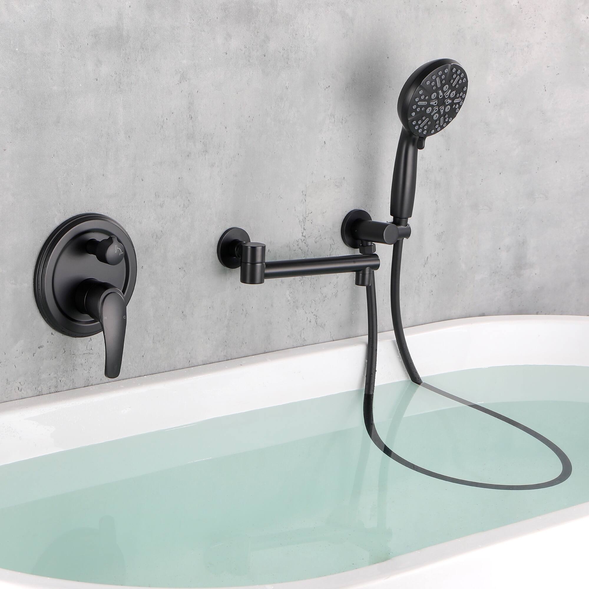 Alt View 2. Boyel Living - Matte Black Wall Mount Bathtub Faucet Brass 2-Function Valve 180° Rotating Spout 7-Function Handheld cUPC - Black.