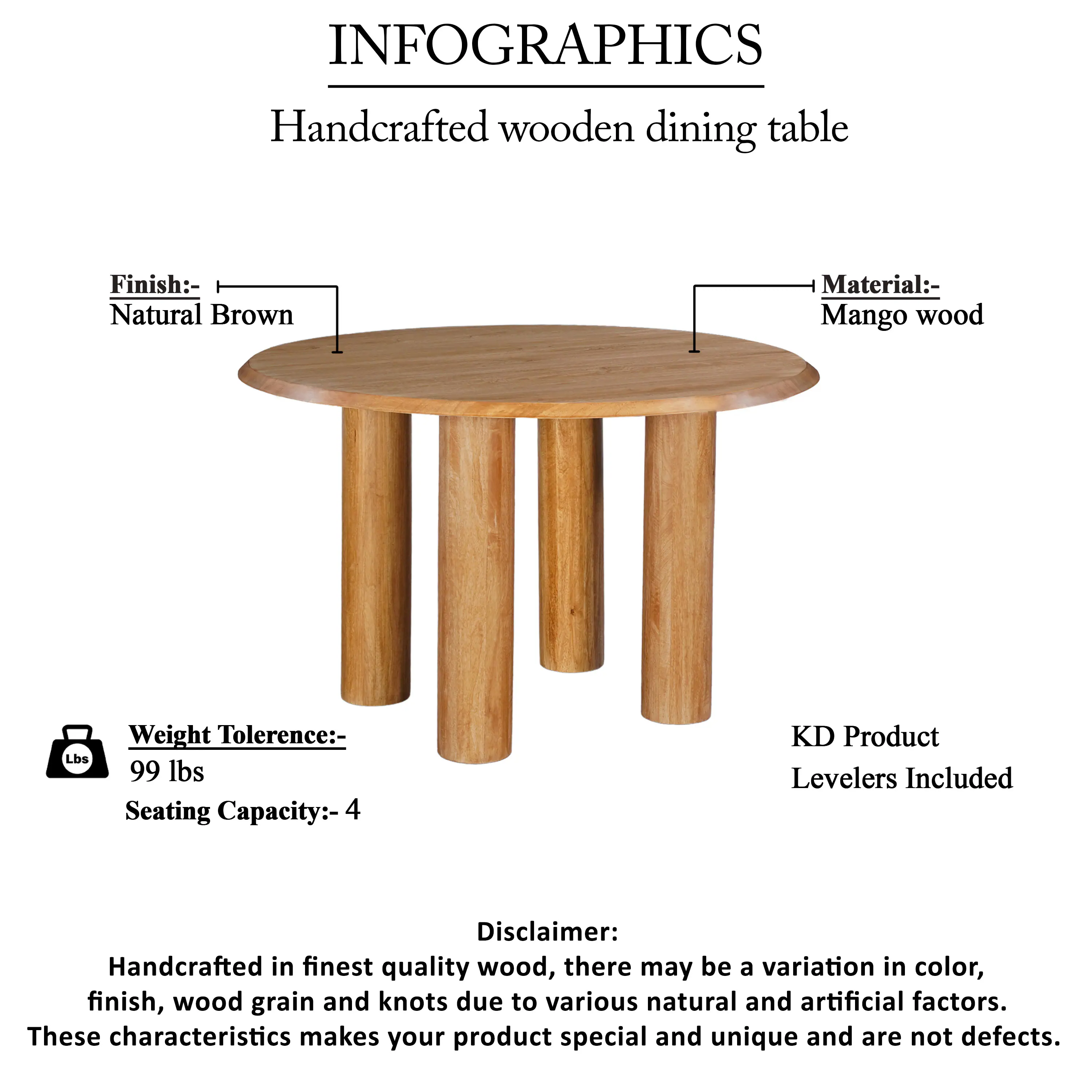 **INFOGRAPHICS**

**Handcrafted Wooden Dining Table**

- **Finish:** Natural Brown
- **Material:** Mango Wood
- **Weight Tolerance:** 99 lbs
- **Seating Capacity:** 4
- **KD Product Levelers Included**

**Disclaimer:** Handcrafted in finest quality wood, there may be a variation in color, finish, wood grain, and knots due to various natural and artificial factors. These characteristics make your product special and unique and are not defects.
