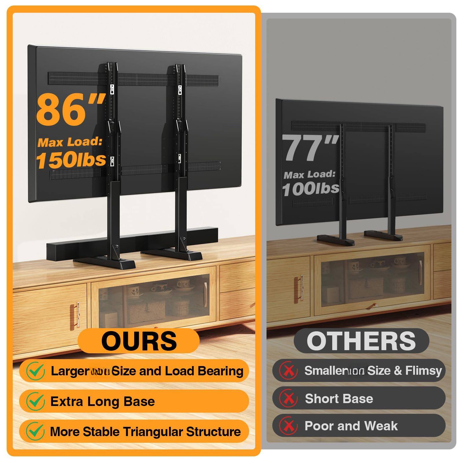86"  
Max Load: 150lbs  

77"  
Max Load: 100lbs  

OURS  
- Larger Size and Load Bearing  
- Extra Long Base  
- More Stable Triangular Structure  

OTHERS  
- Smaller Size & Flimsy  
- Short Base  
- Poor and Weak