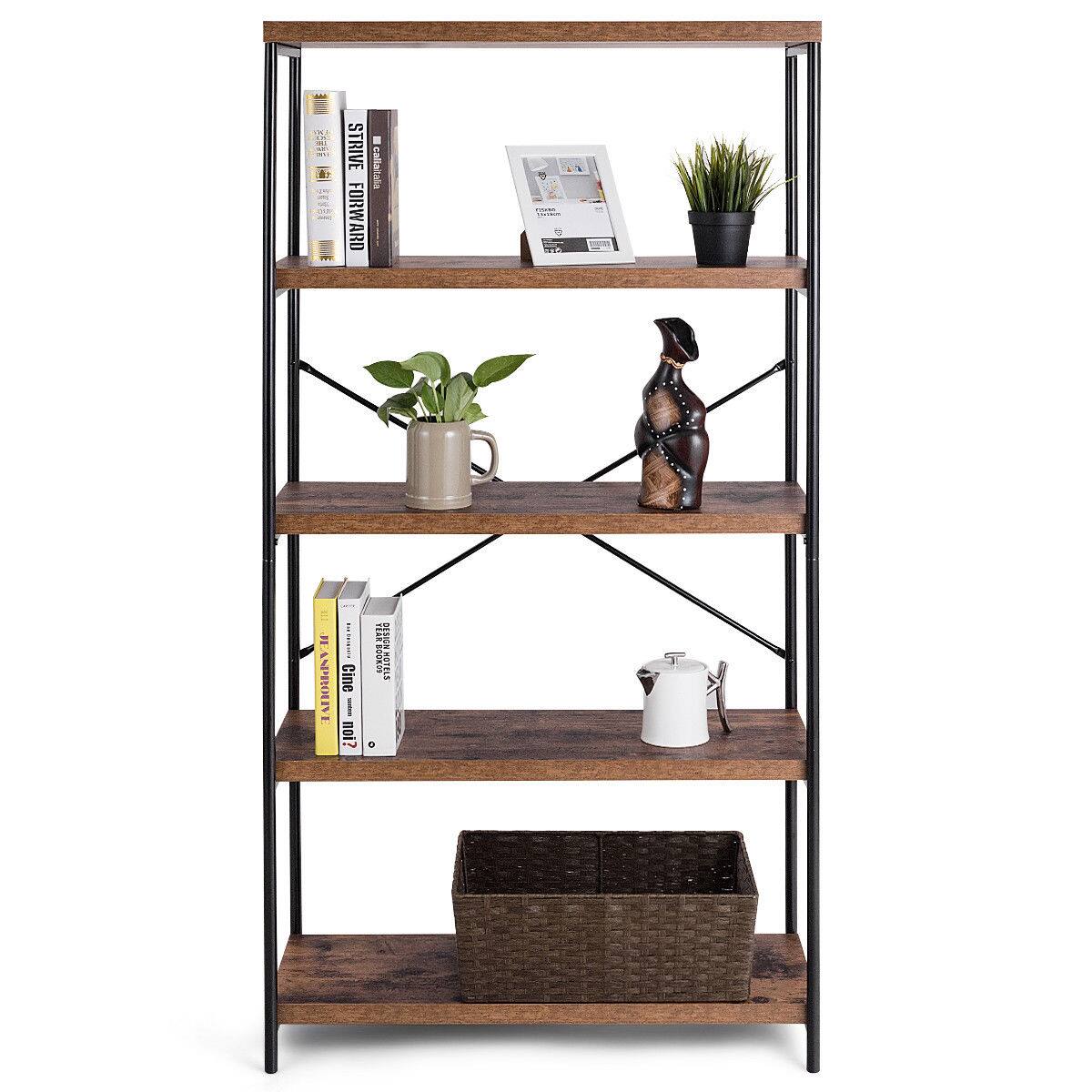 "Strive Forward" is written on the bookshelf, along with a few other books. The shelf is made of wood and has a wicker basket on it. There is also a potted plant and a vase on the shelf.