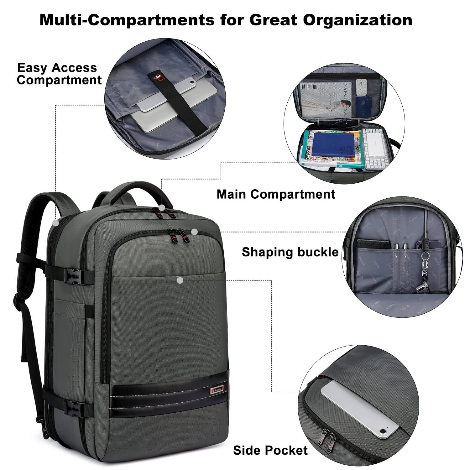 Back. Stamp n Camp - 40l 50l Travel Backpack For Women Men 18 Inch Laptop Flight Approved Luggage Carry On Water Resistant Overnight Large - Grey.