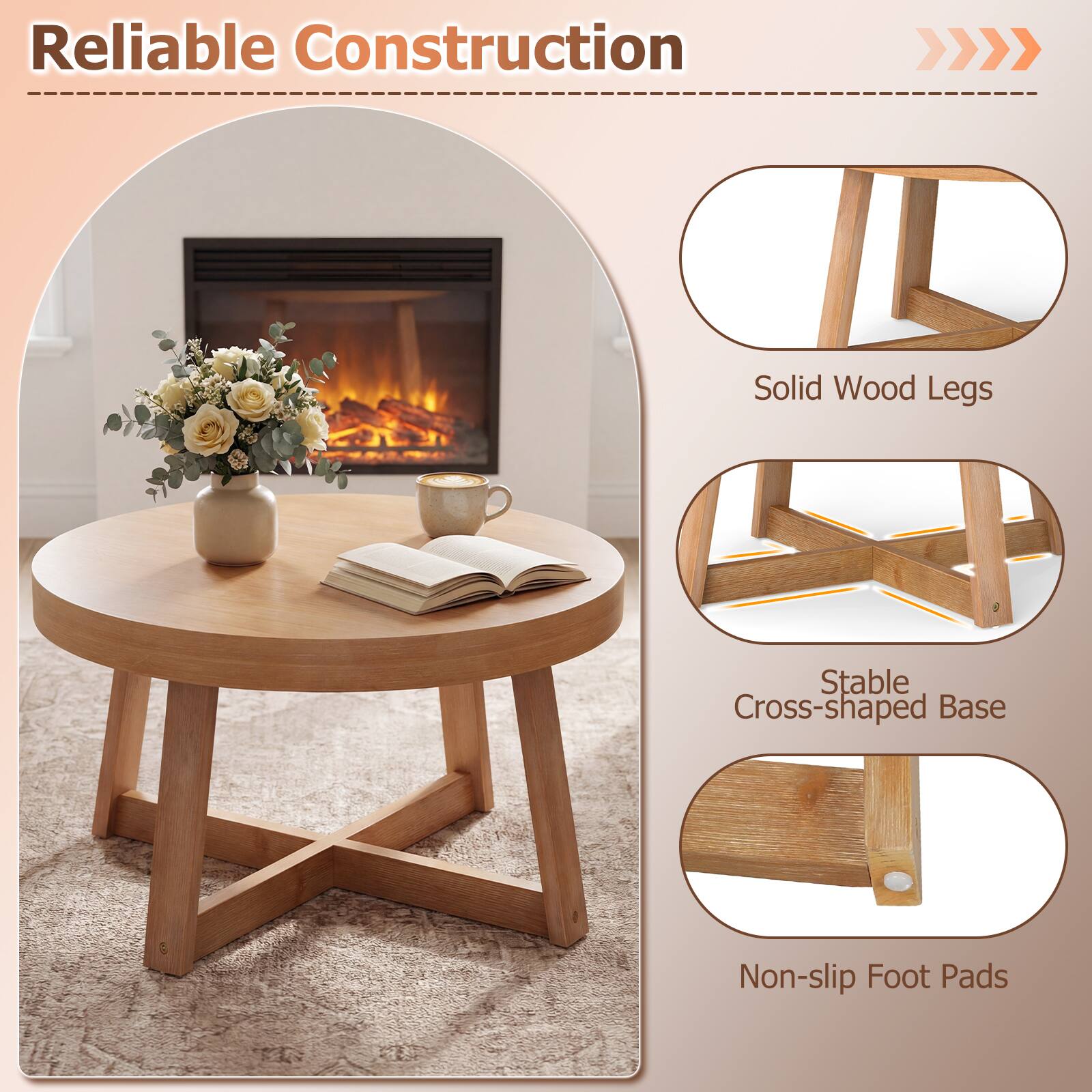 Reliable Construction

- Solid Wood Legs
- Stable Cross-shaped Base
- Non-slip Foot Pads
