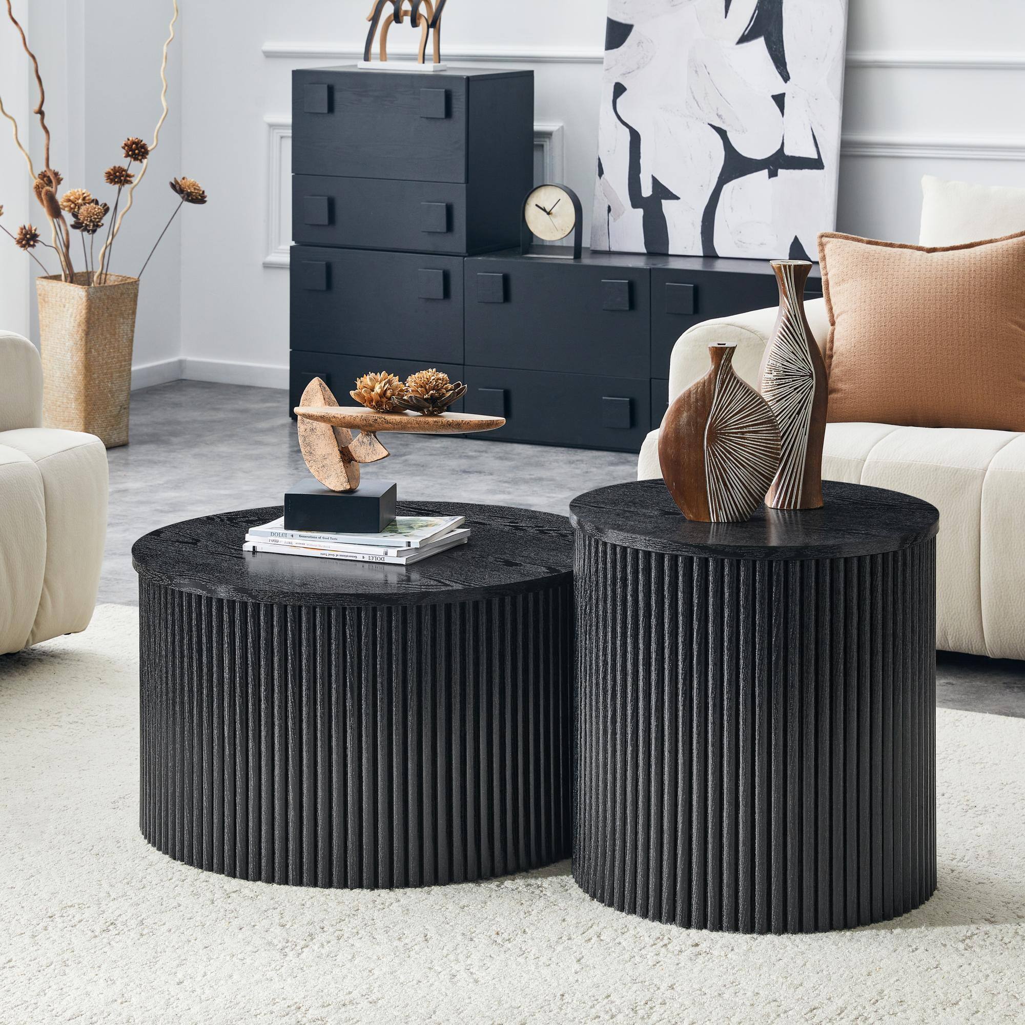 Alt View 2. Loheer - Loheer- 2.6ft Black Nesting Coffee Table Set Roman Column Round Storage Side Tables for Living Room - Black Woodgrain.