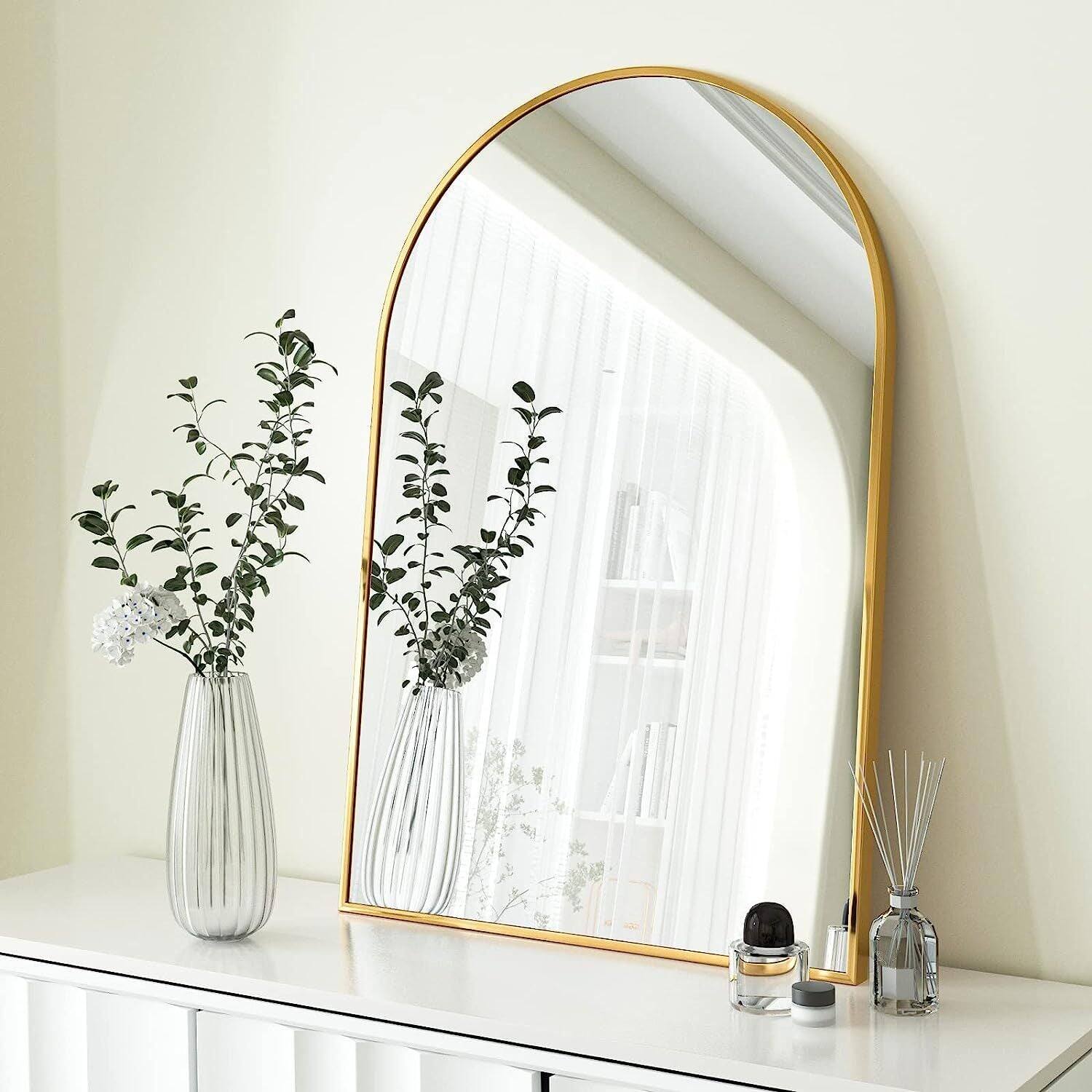 Back. BreeBe - 20x30 Inch Gold Metal Framed Arched Bathrrom Mirror for Wall. - Gold.