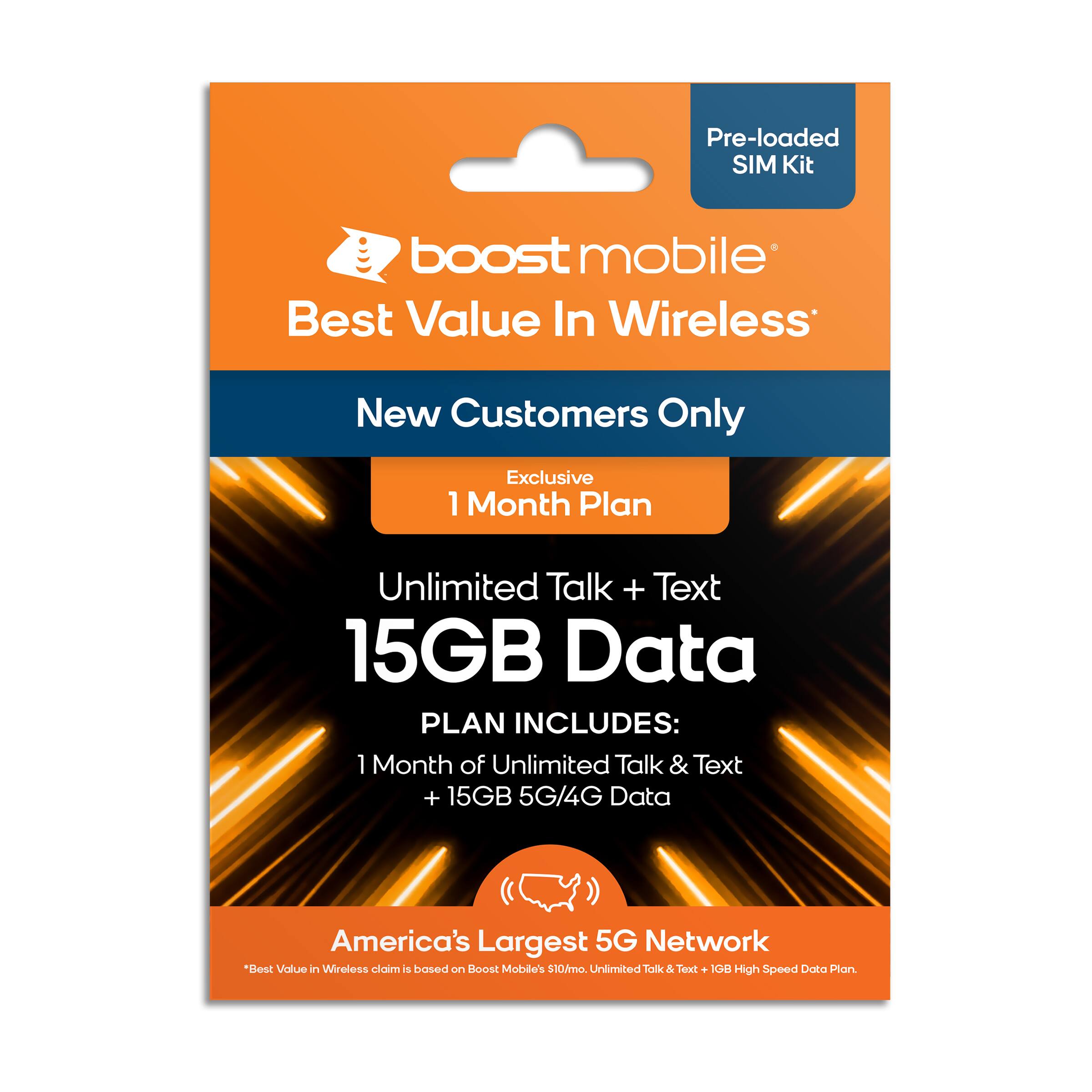 Front. Boost Mobile - 1 Month 15GB Plan SIM Card Kit.