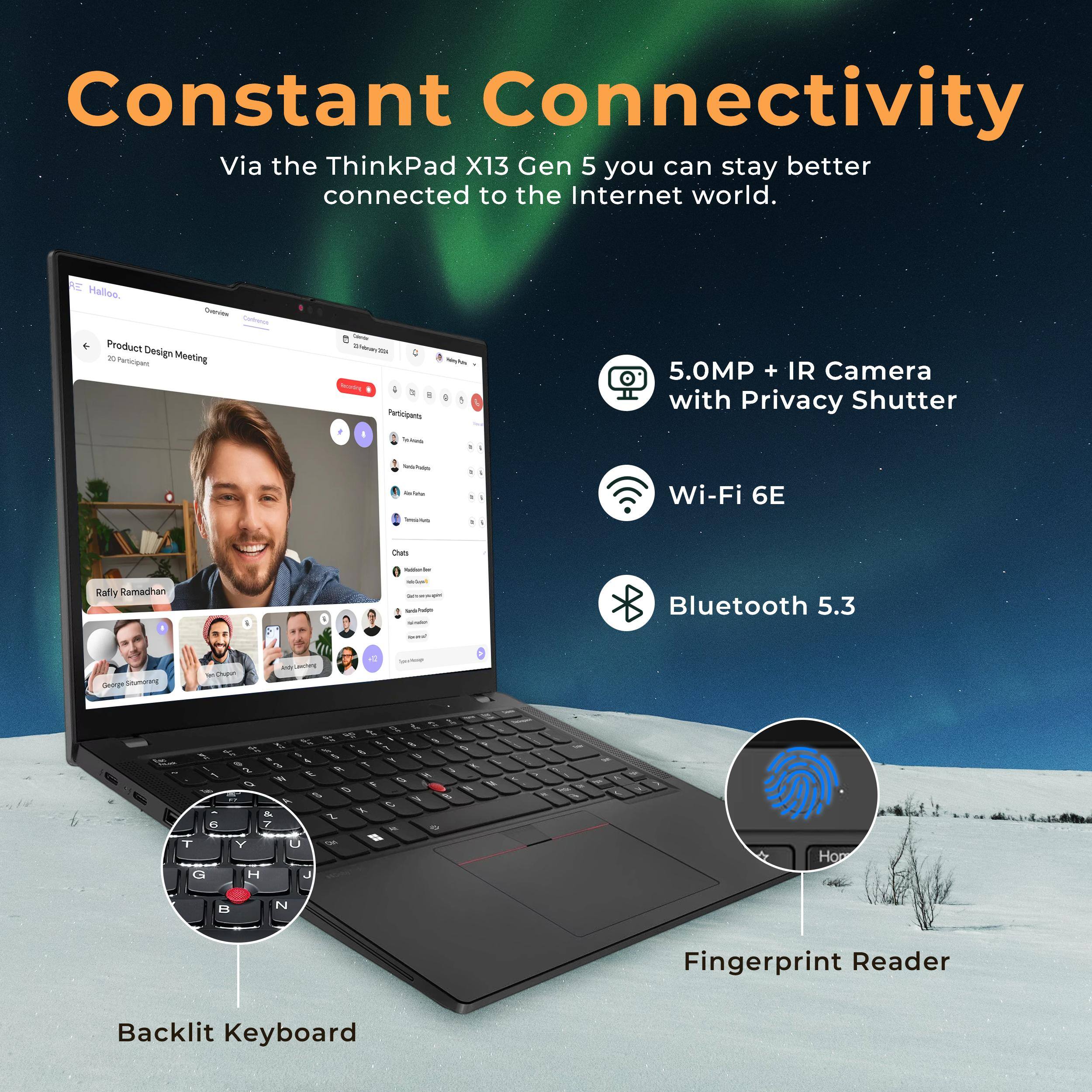 Constant Connectivity  
Via the ThinkPad X13 Gen 5 you can stay better connected to the Internet world.

- 5.0MP + IR Camera with Privacy Shutter
- Wi-Fi 6E
- Bluetooth 5.3
- Fingerprint Reader
- Backlit Keyboard
