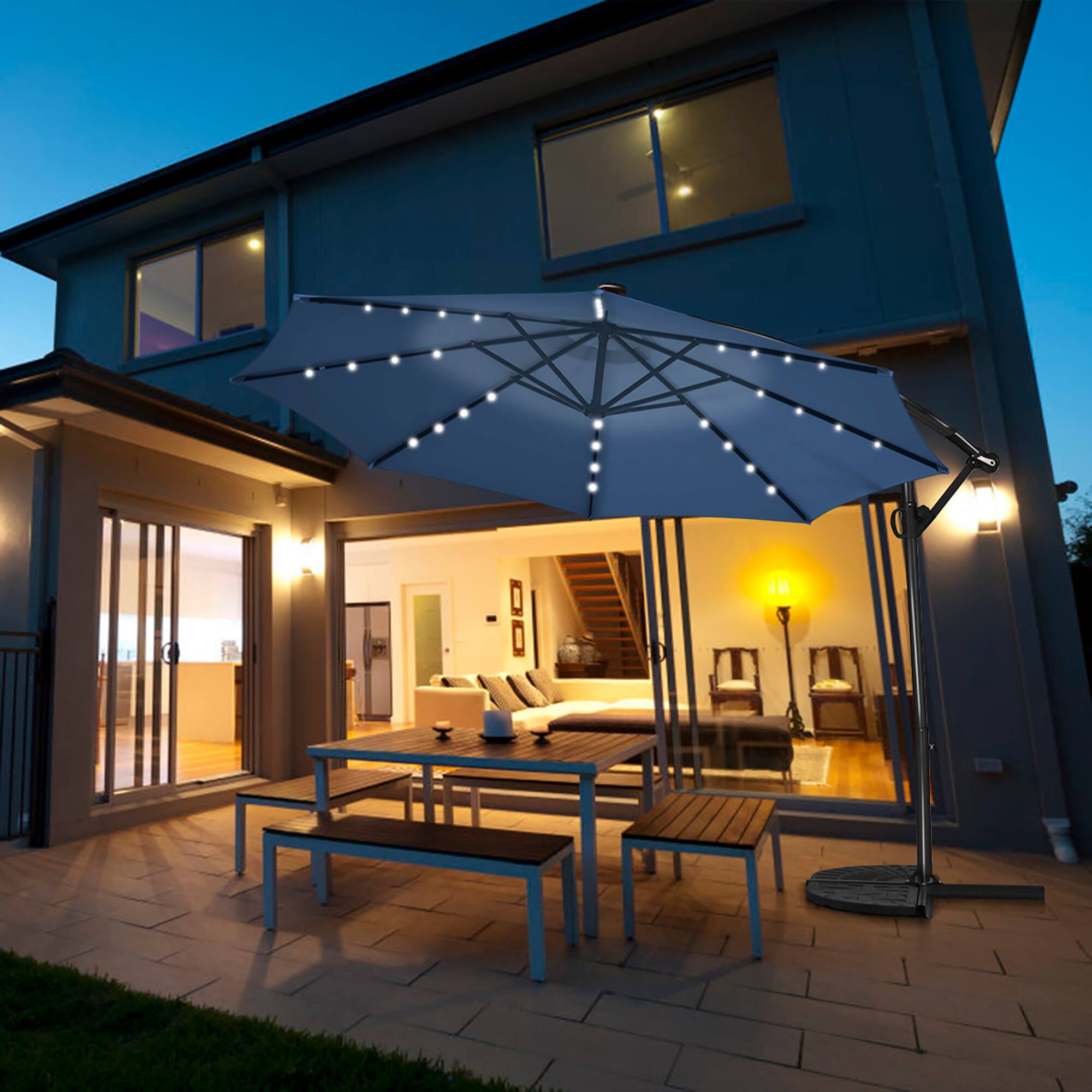 Alt View 5. Costway - 10FT Patio Offset Umbrella Solar Powered LED 360Degree Rotation Aluminum - Blue.