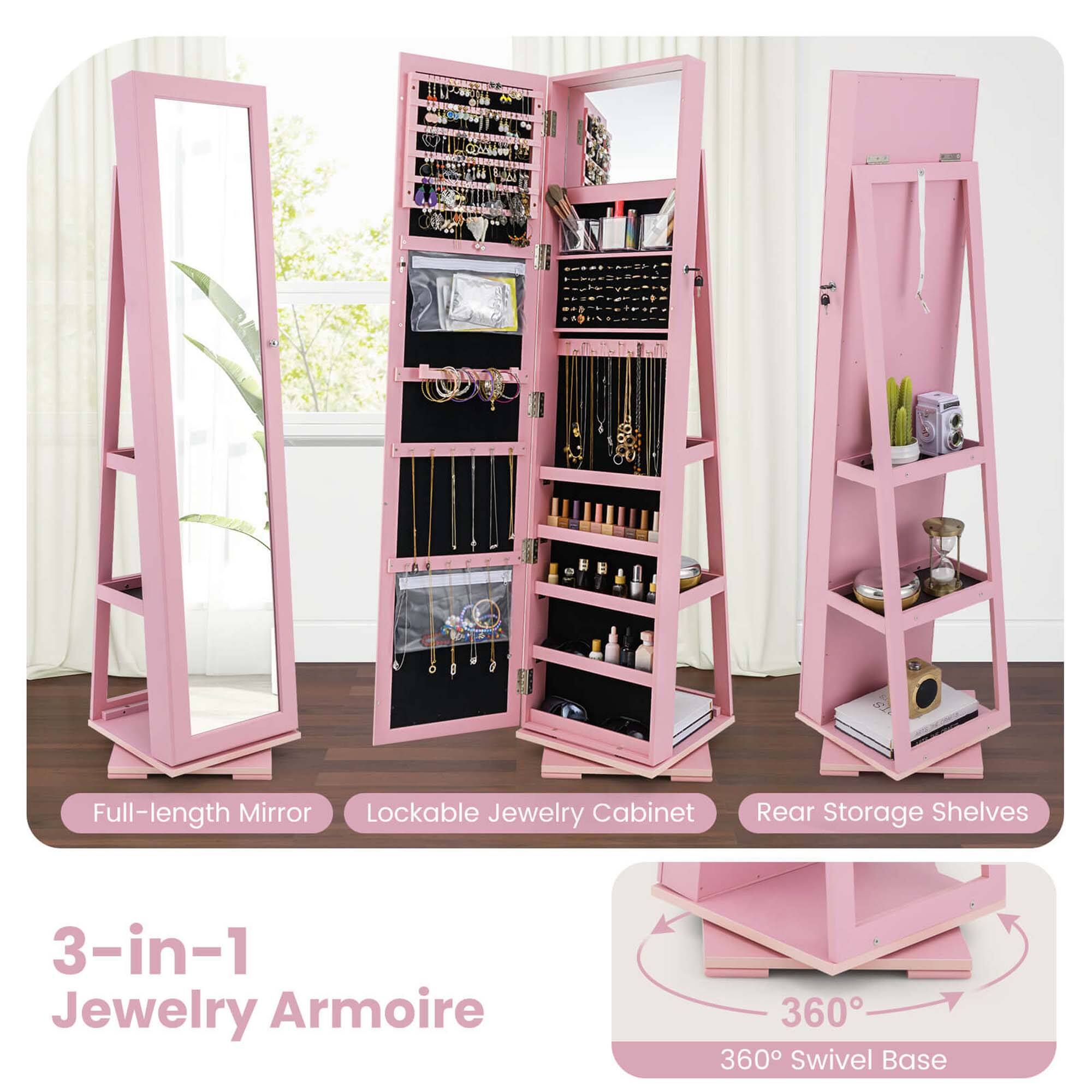 Full-length Mirror  
Lockable Jewelry Cabinet  
Rear Storage Shelves  

3-in-1 Jewelry Armoire  

360° Swivel Base