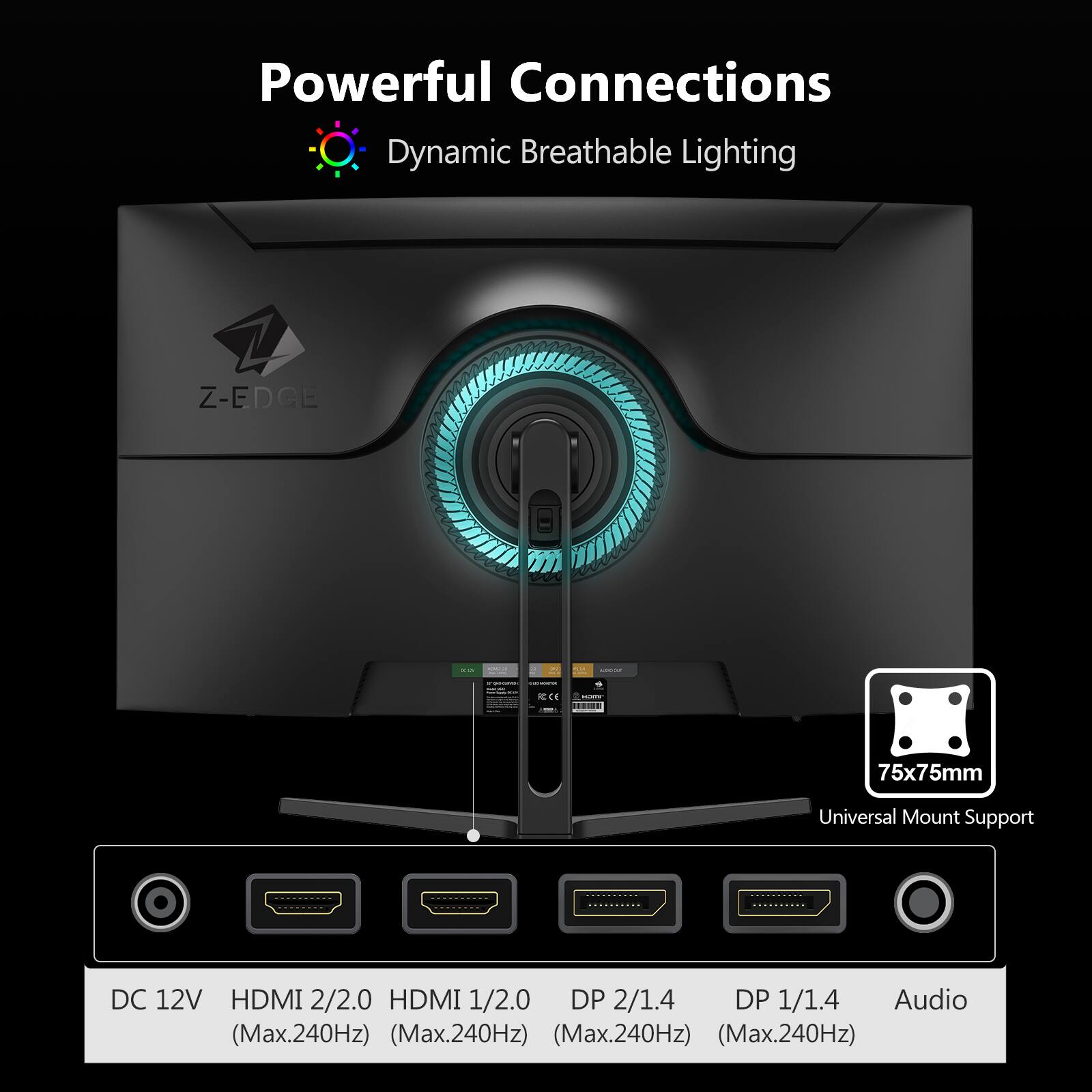 Powerful Connections  
Dynamic Breathable Lighting  

Z-EDGE  

75x75mm Universal Mount Support  

DC 12V  
HDMI 2/2.0 (Max.240Hz)  
HDMI 1/2.0 (Max.240Hz)  
DP 2/1.4 (Max.240Hz)  
DP 1/1.4 (Max.240Hz)  
Audio