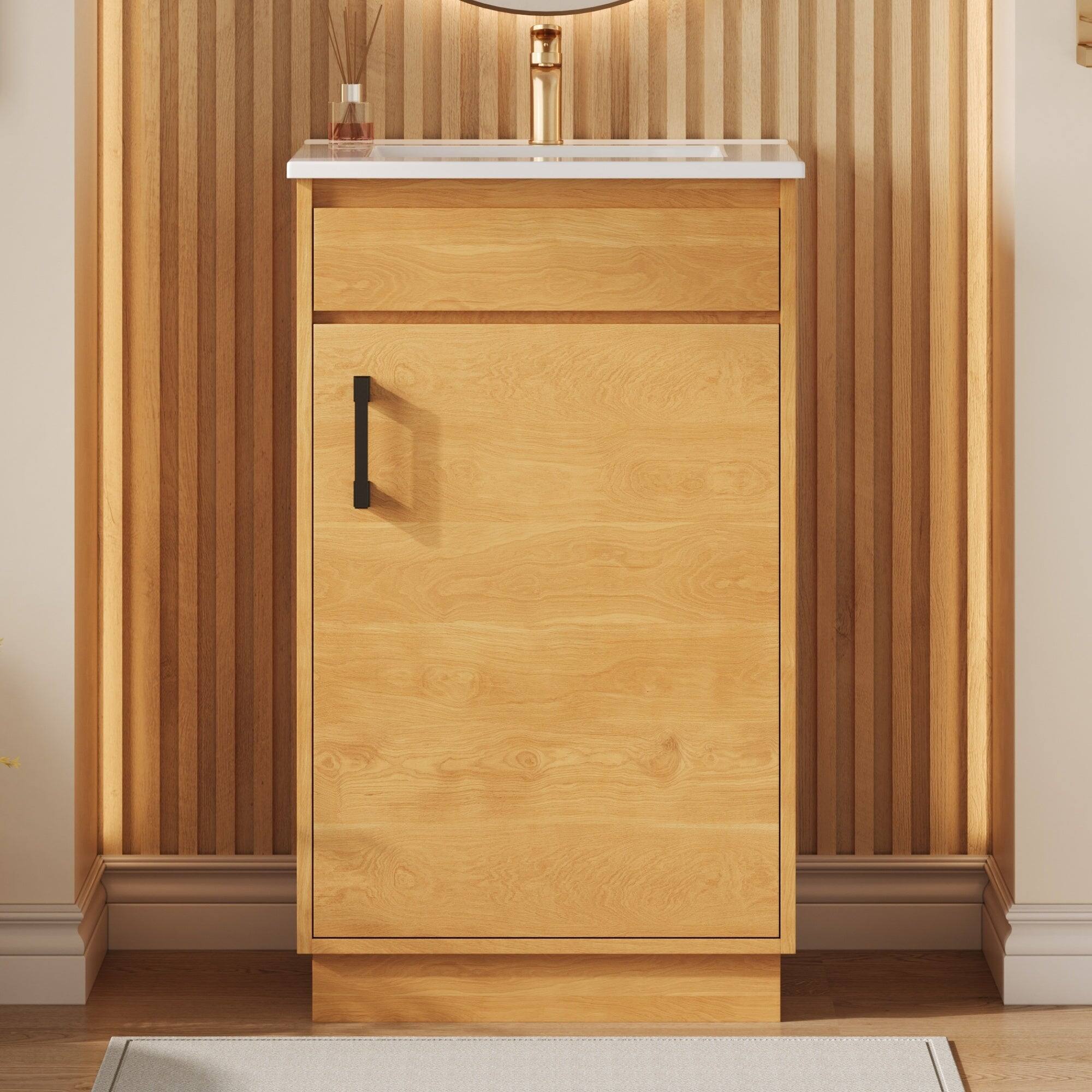 Alt View 4. Boyel Living - 20 Inch Farmhouse Style Bathroom Vanity with Ceramic Sink and Single Door Cabinet Natural Wood - Brown.