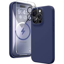 Bundle - Entronix - for iPhone 14 Pro - Silicone Case, Screen Protector & Camera Lens Protector - Navy