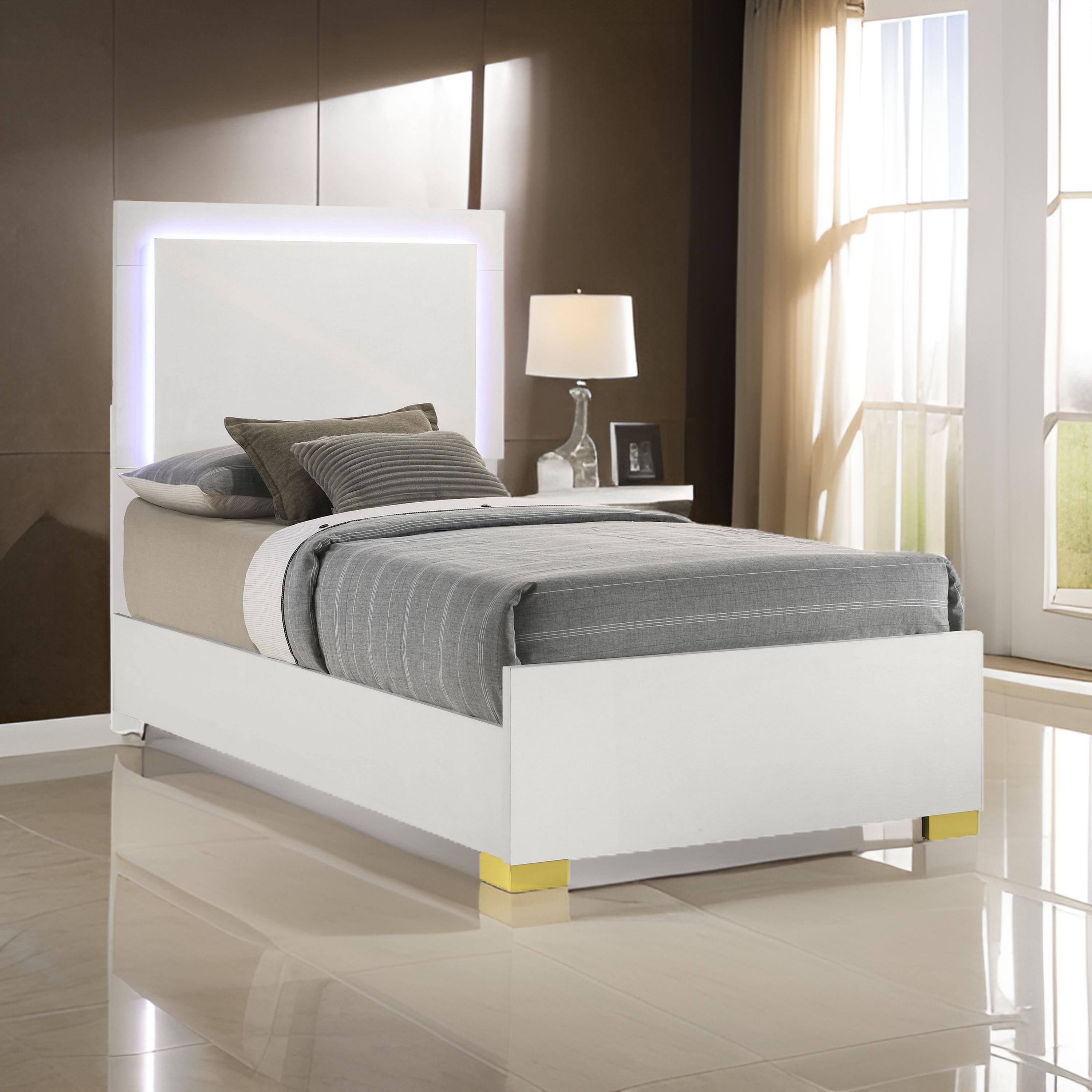 Alt View 5. Manhattan Lane - Dex Twin Size Bed with LED Framed Headboard, White Wood Finish, Gold Legs - White, Gold.