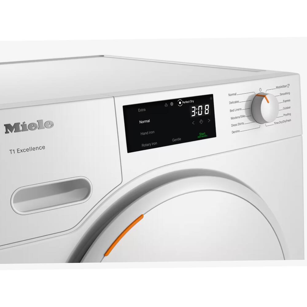 Miele T1 Excellence Extra Normal Hand iron Rotary iron Perfect Dry 3:08 Start a day Gentle Normal Delicates Bed Linens Woolens/Skirts Dress Shirts Denims MobileIron Smoothing Egem Cutser Proofing Time Dry/Dryfresh