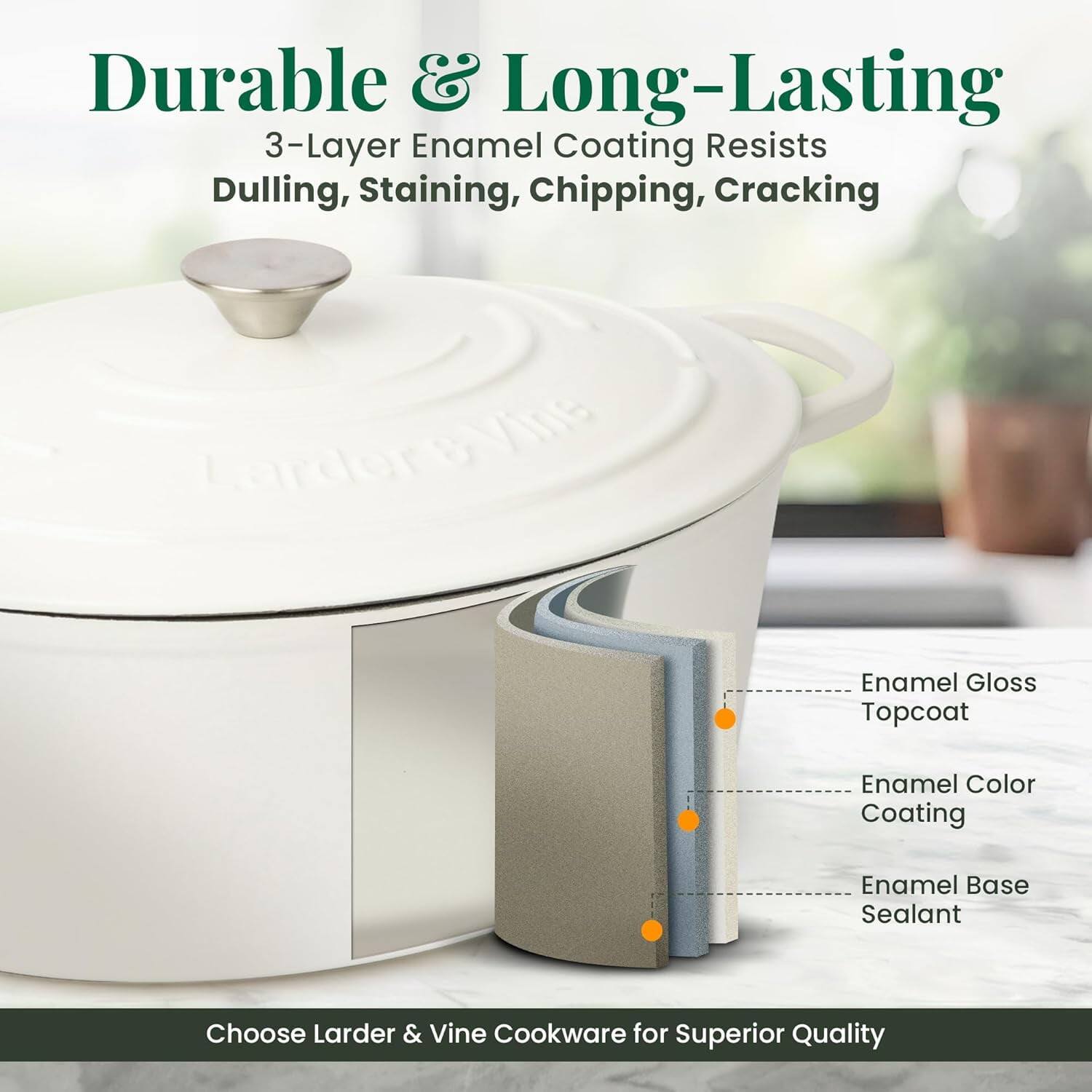 Durable & Long-Lasting  
3-Layer Enamel Coating Resists Dulling, Staining, Chipping, Cracking  

Enamel Gloss Topcoat  
Enamel Color Coating  
Enamel Base Sealant  

Choose Larder & Vine Cookware for Superior Quality