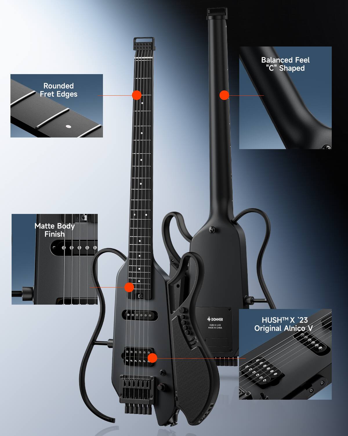 Balanced Feel "C" Shaped  
Rounded Fret Edges  
Matte Body Finish  
DONNER RUSHI DVE WAR a ONION  
HUSH X '23 Original Alnico V