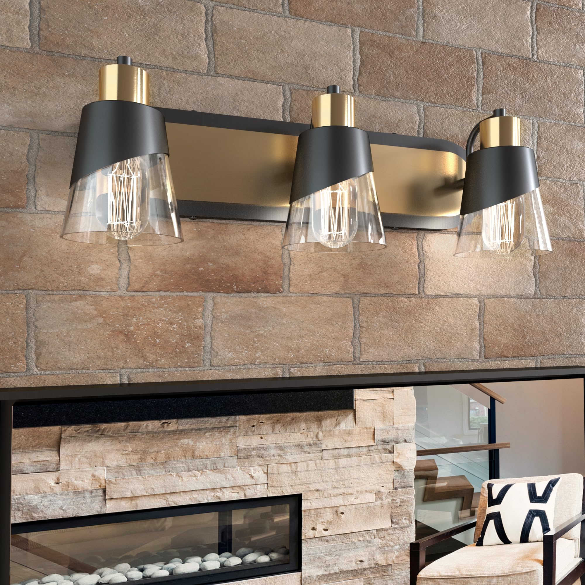 Alt View 5. Cedar Assembly - Bathroom Vanity Light Lights Fixtures Inch Over Mirror And With Bevelled Edge Clear Glass Shade Wall Lamp - Black&Gold - Long Base 2 Lights.