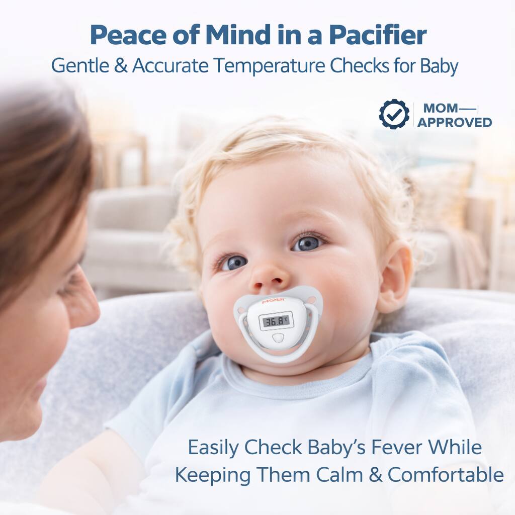 Peace of Mind in a Pacifier  
Gentle & Accurate Temperature Checks for Baby  

MOM-APPROVED  

Easily Check Baby's Fever While Keeping Them Calm & Comfortable